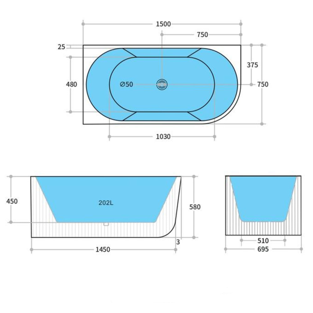 CETO CAPRI FREESTANDING LEFT CORNER BATHTUB MATTE BLACK (AVAILABLE IN 1500MM AND 1700MM)