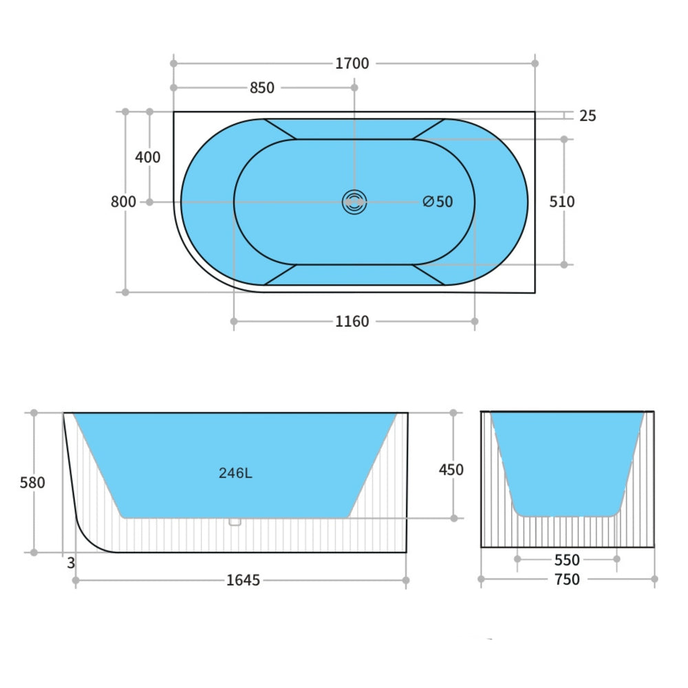 CETO CAPRI FREESTANDING RIGHT CORNER BATHTUB MATTE WHITE (AVAILABLE IN 1500MM AND 1700MM)