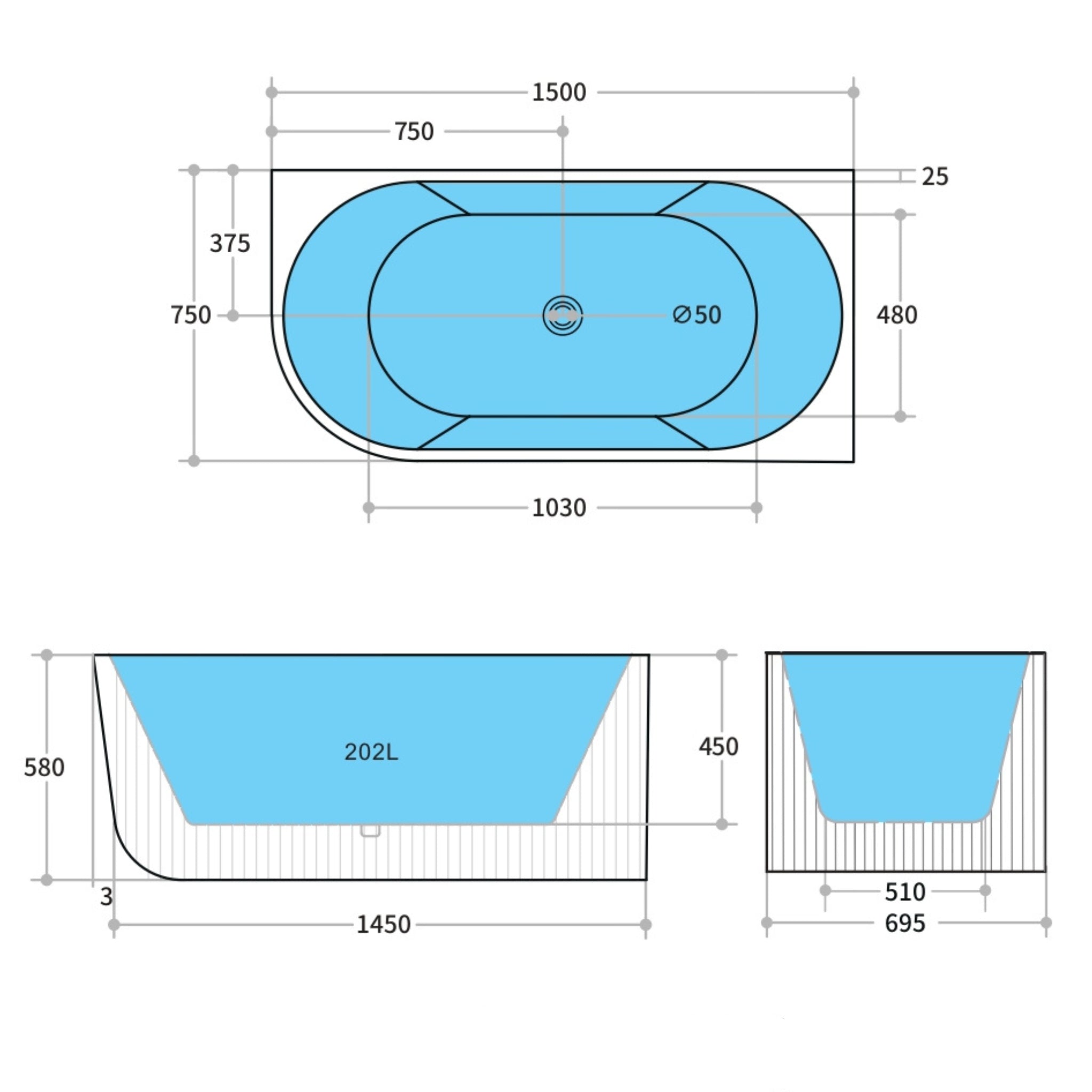 CETO CAPRI FREESTANDING RIGHT CORNER BATHTUB MATTE WHITE (AVAILABLE IN 1500MM AND 1700MM)