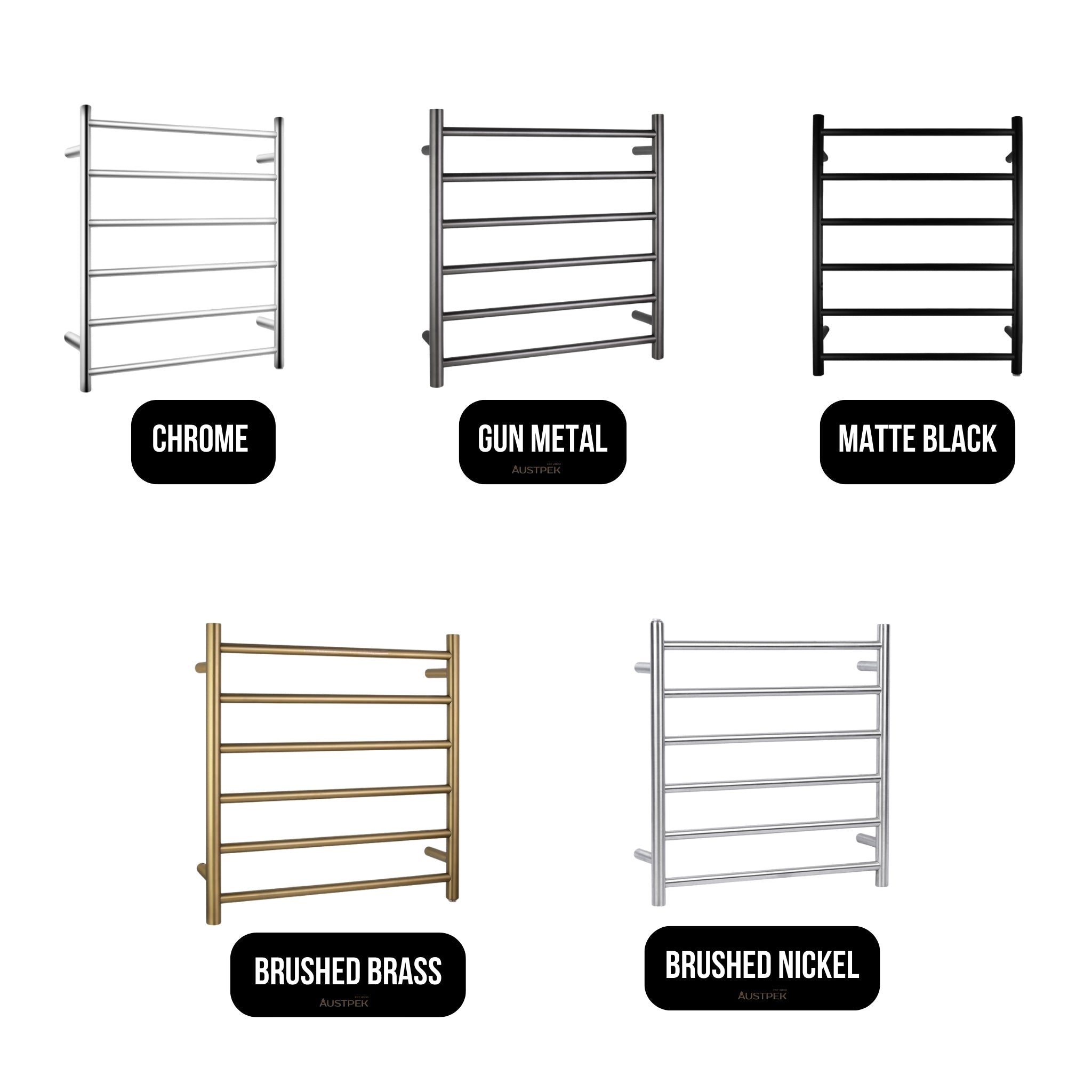 AQUAPERLA 6-BAR ROUND LADDER HEATED TOWEL RAIL 620MM BLACK