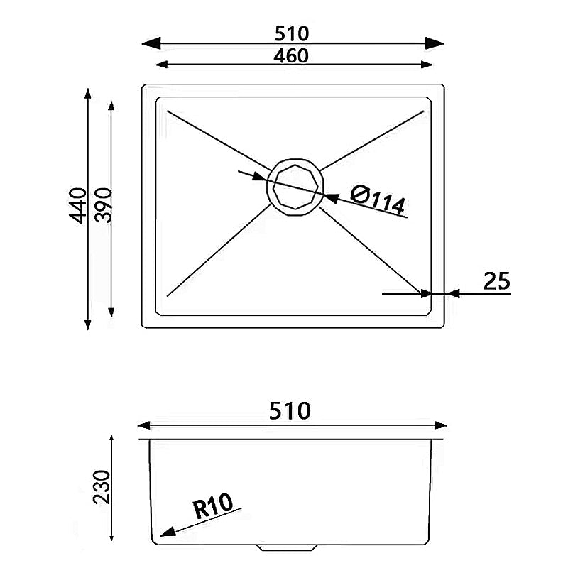 AQUAPERLA STAINLESS STEEL SINGLE BOWL KITCHEN BOWL GUN METAL GREY 510MM