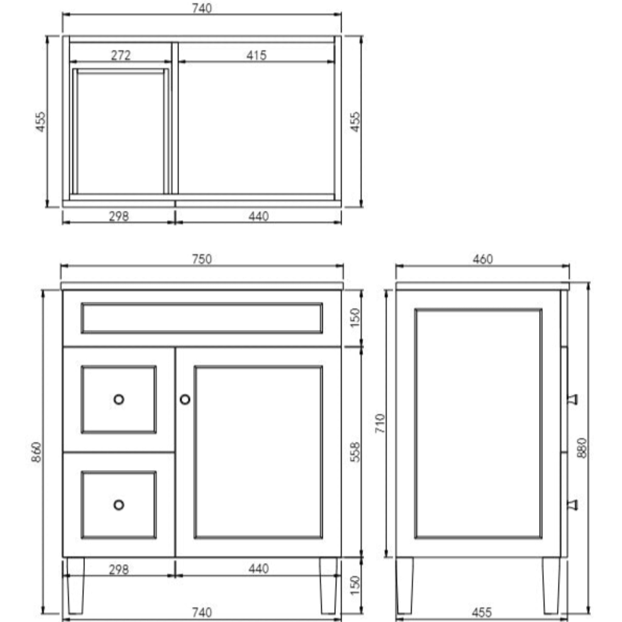 CETO HARRINGTON MATTE BLACK 750MM SINGLE BOWL FLOOR STANDING VANITY (AVAILABLE IN LEFT AND RIGHT HAND DRAWER)