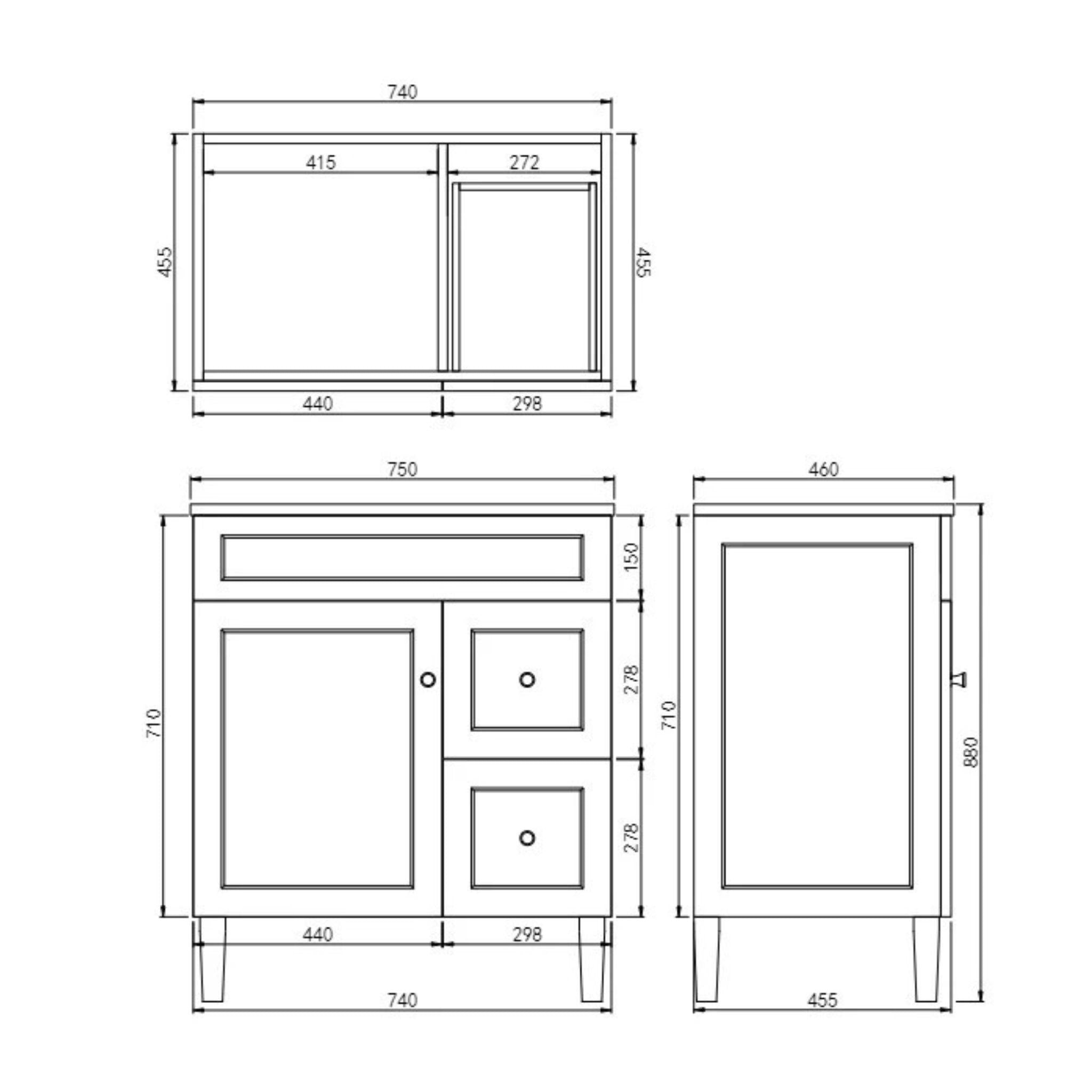 CETO HARRINGTON MATTE WHITE 750MM SINGLE BOWL FLOOR STANDING VANITY (AVAILABLE IN LEFT AND RIGHT HAND DRAWER)