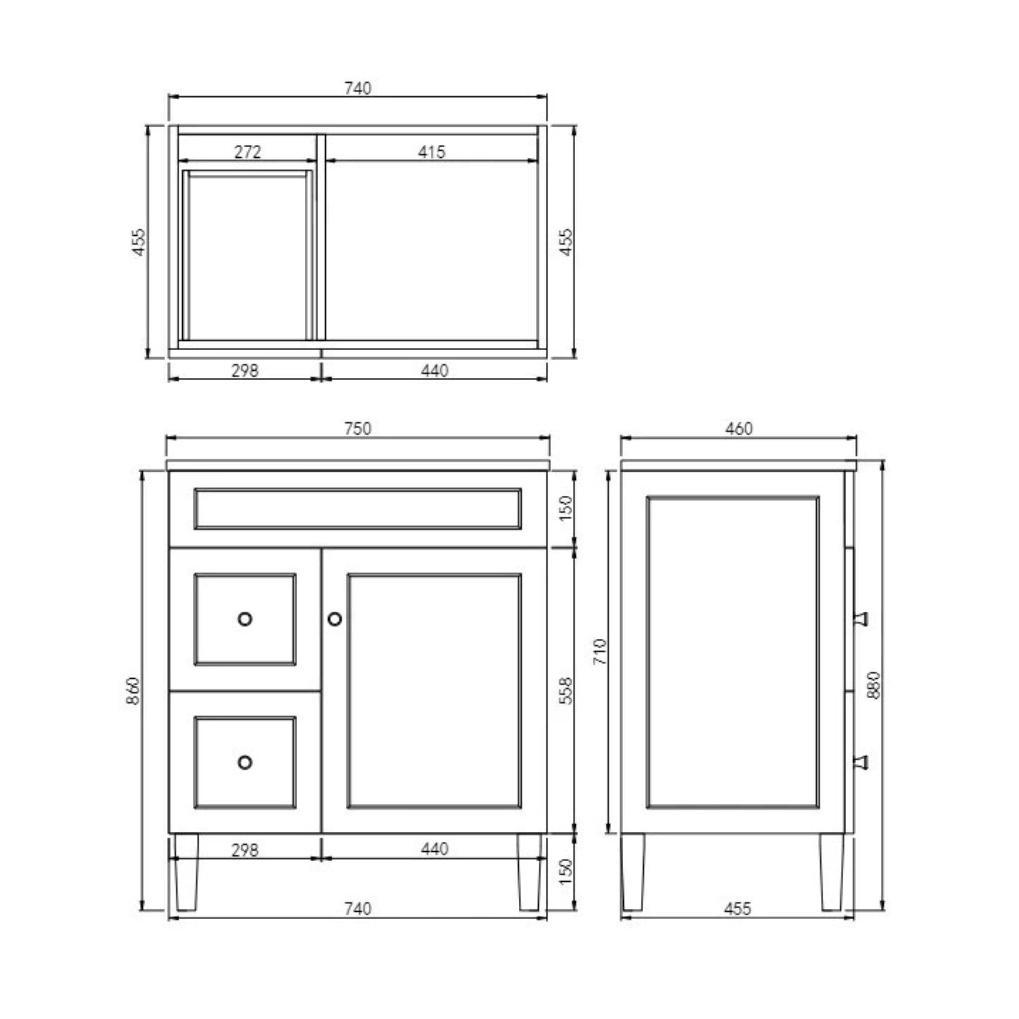 CETO HARRINGTON MATTE WHITE 750MM SINGLE BOWL FLOOR STANDING VANITY (AVAILABLE IN LEFT AND RIGHT HAND DRAWER)