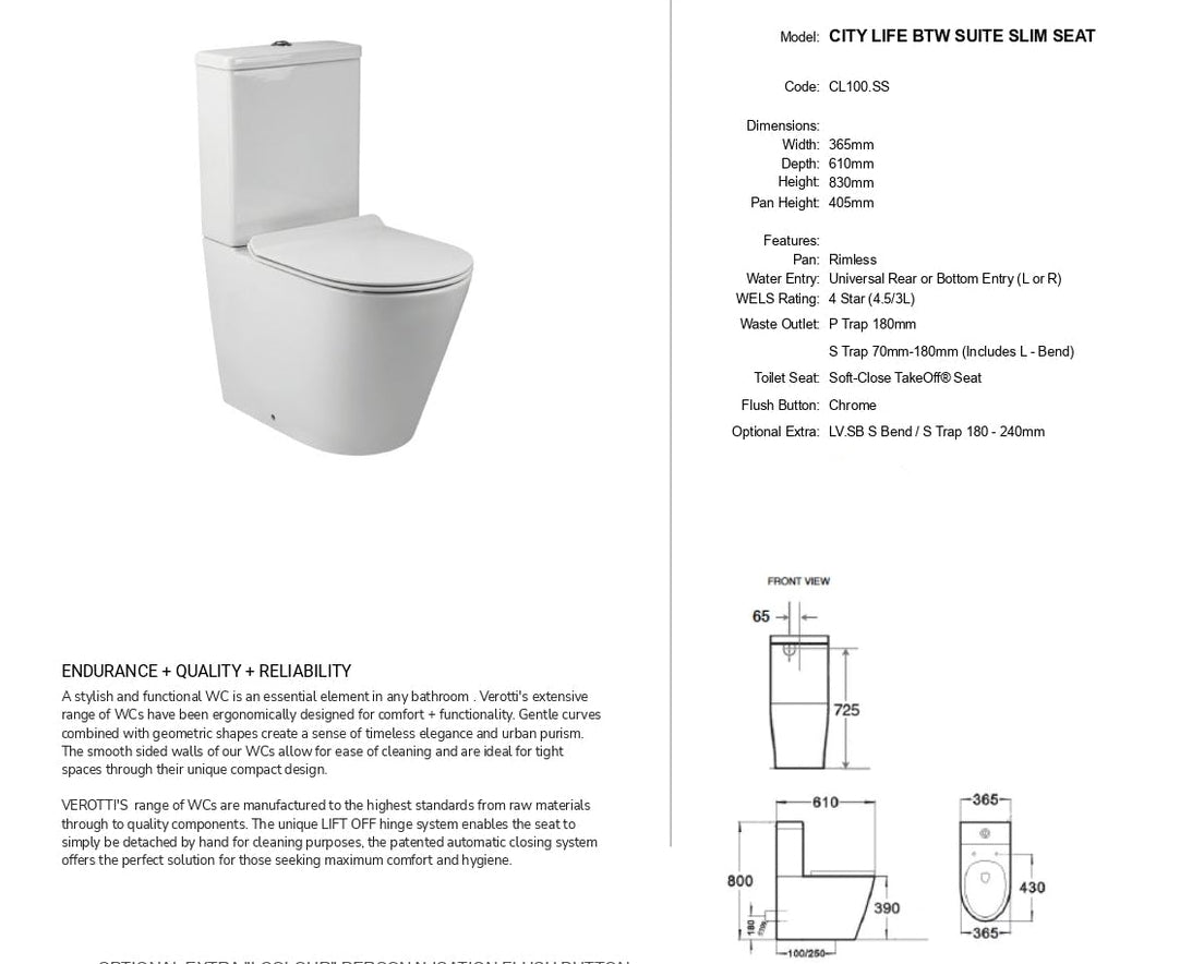 VEROTTI CITY LIFE SLIM BACK TO WALL TOILET SUITE GLOSS WHITE