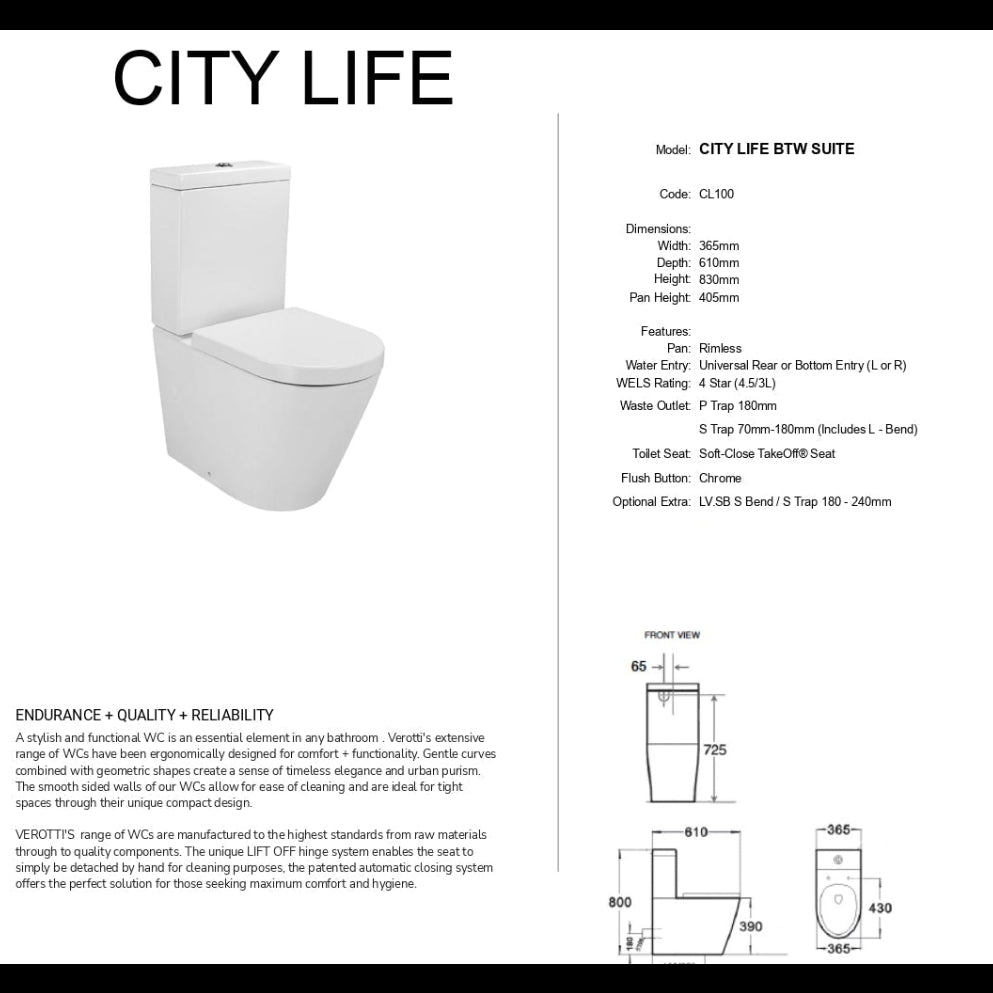 VEROTTI CITY LIFE BACK TO WALL TOILET SUITE GLOSS WHITE