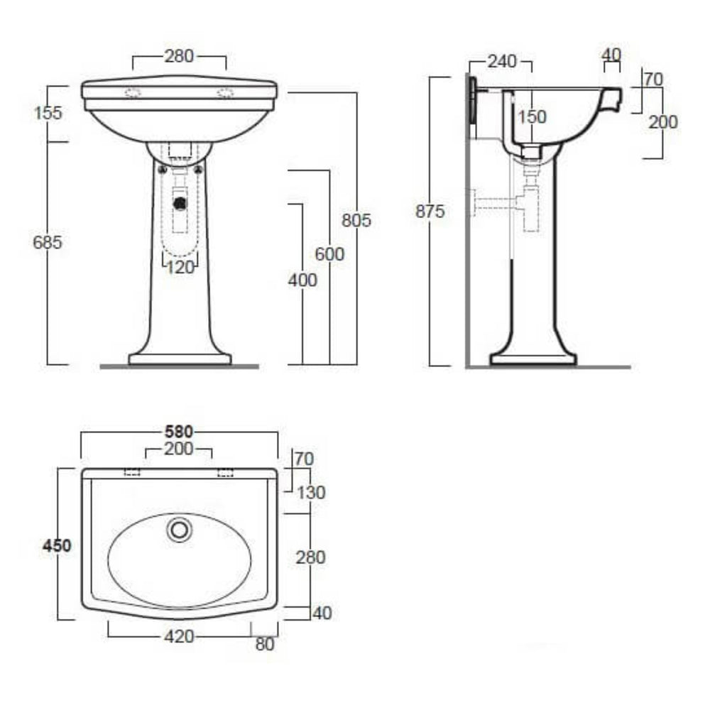 TURNER HASTINGS CLAREMONT NO TAPHOLE BASIN & PEDESTAL GLOSS WHITE 580MM X 875MM