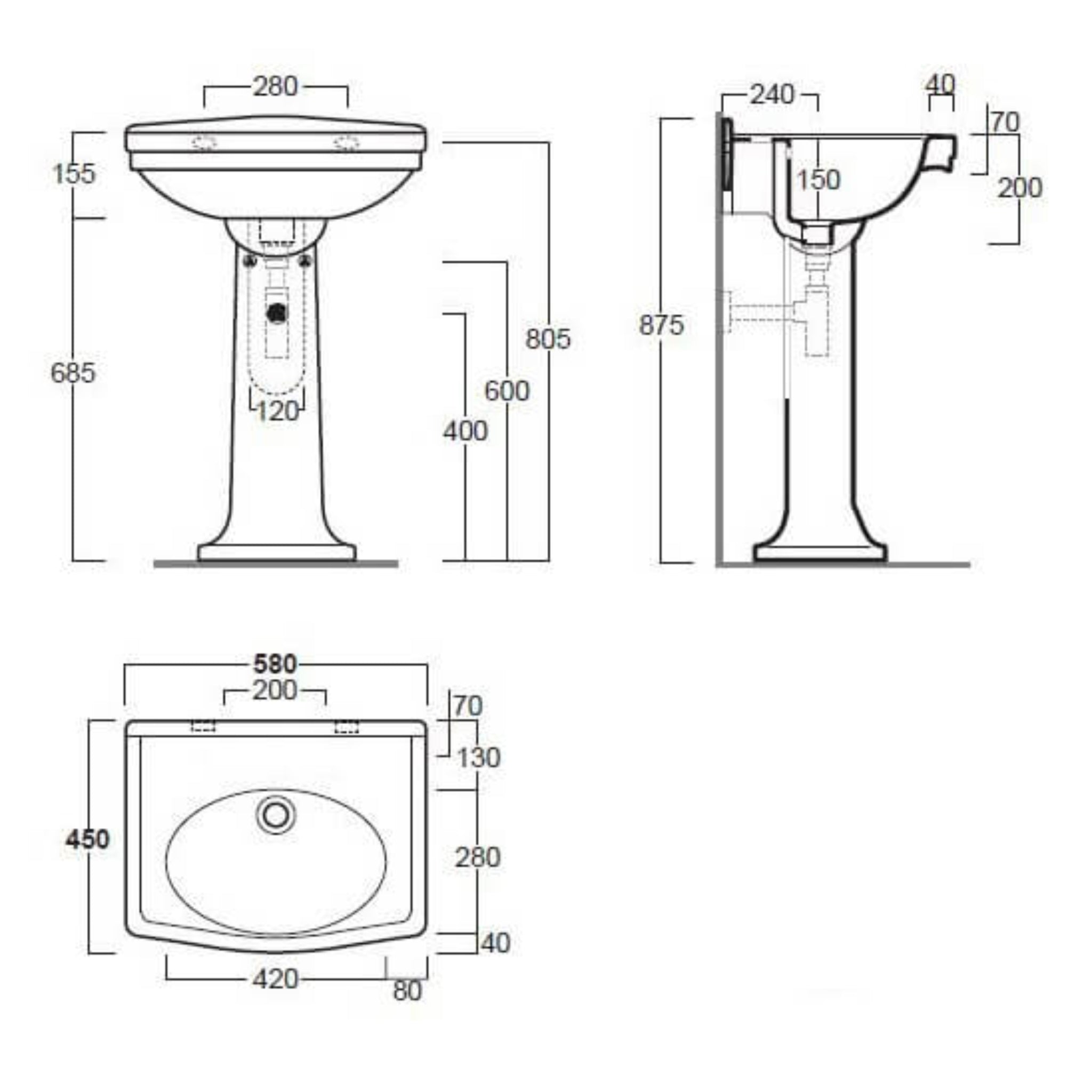 TURNER HASTINGS CLAREMONT NO TAPHOLE BASIN & PEDESTAL GLOSS WHITE 580MM X 875MM