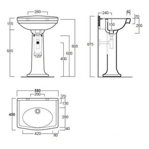TURNER HASTINGS CLAREMONT NO TAPHOLE BASIN & PEDESTAL GLOSS WHITE 580MM X 875MM