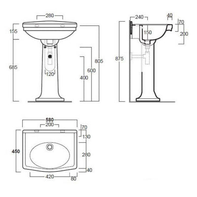 TURNER HASTINGS CLAREMONT NO TAPHOLE BASIN & PEDESTAL GLOSS WHITE 580MM X 875MM