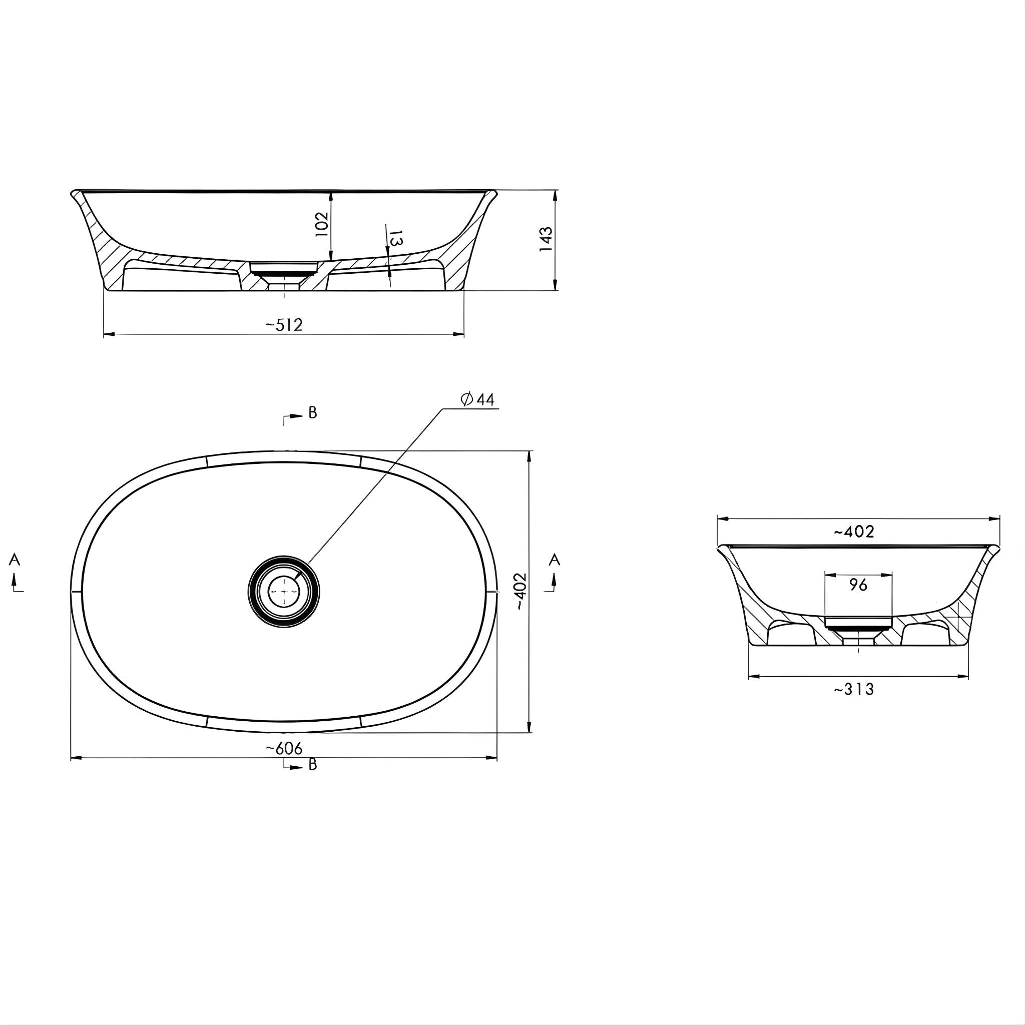 TURNER HASTINGS CLAREMONT HANDCRAFTED ABOVE COUNTER BASIN MATTE WHITE 606MM