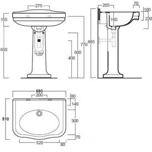 TURNER HASTINGS CLAREMONT NO TAPHOLE BASIN & PEDESTAL GLOSS WHITE 680MM X 885MM