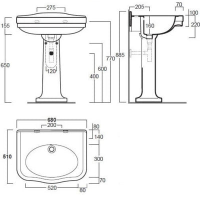 TURNER HASTINGS CLAREMONT NO TAPHOLE BASIN & PEDESTAL GLOSS WHITE 680MM X 885MM