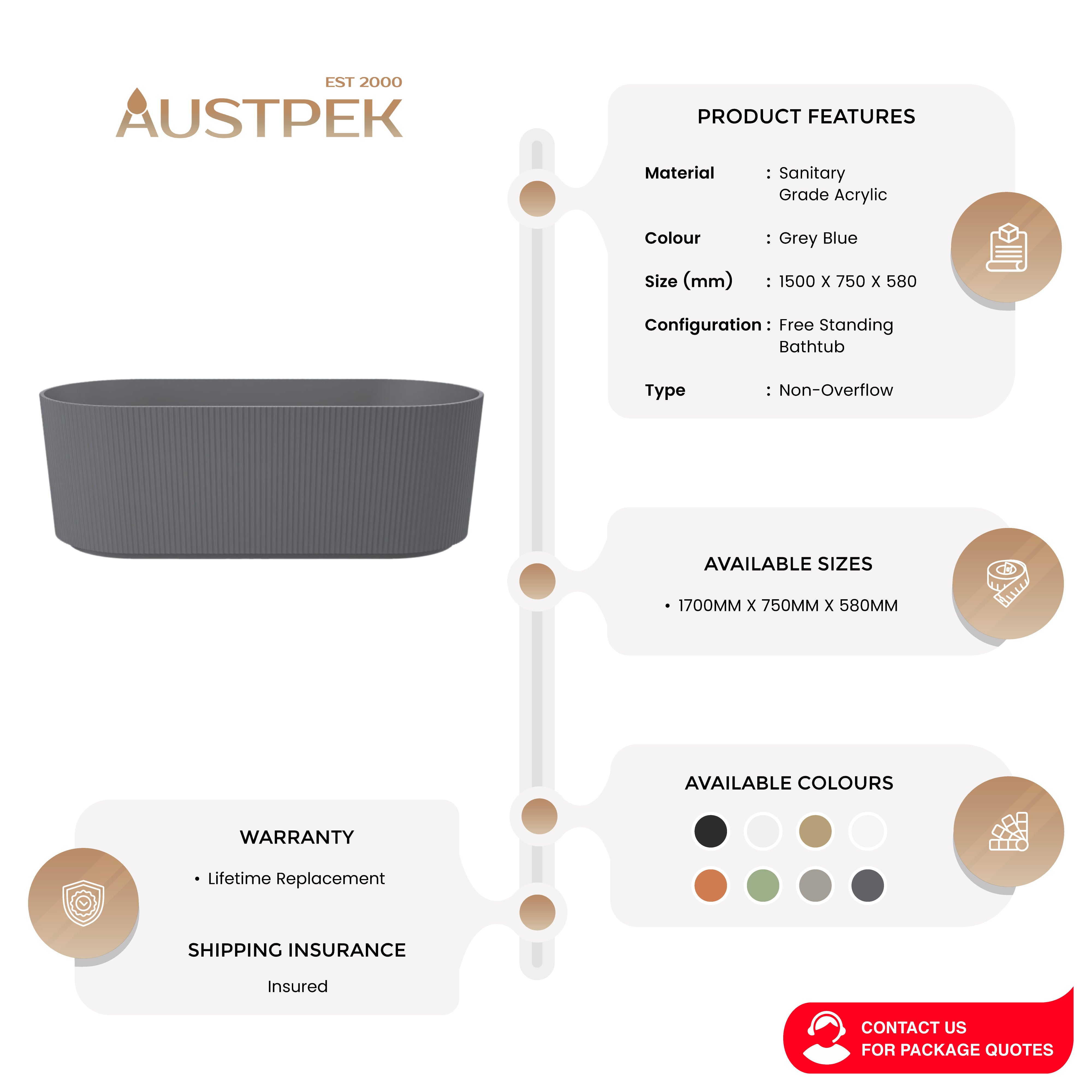 LINSOL CLEO FREESTANDING BATHTUB GREY BLUE (AVAILABLE IN 1500MM AND 1700MM)