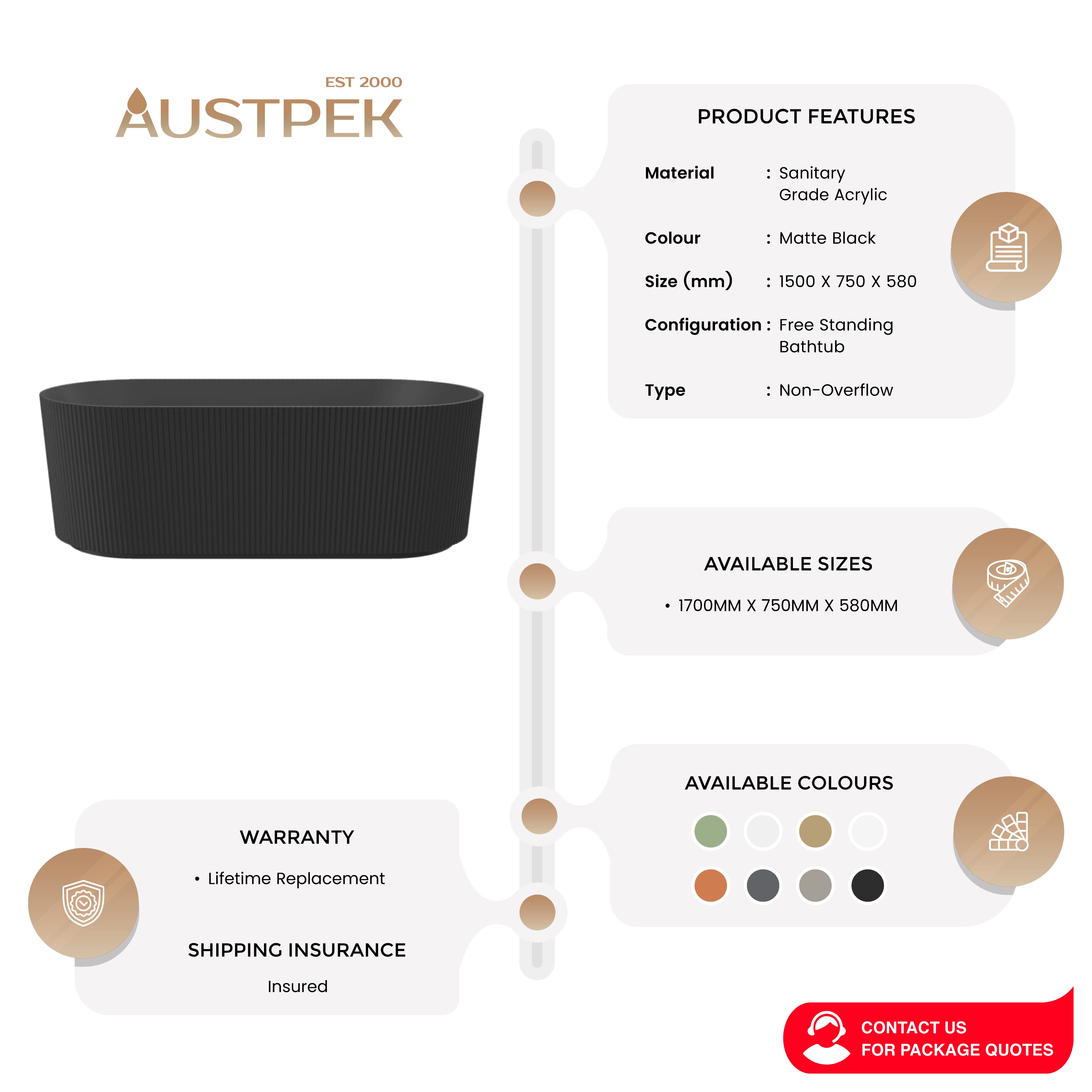 LINSOL CLEO FREESTANDING BATHTUB MATTE BLACK (AVAILABLE IN 1500MM AND 1700MM)