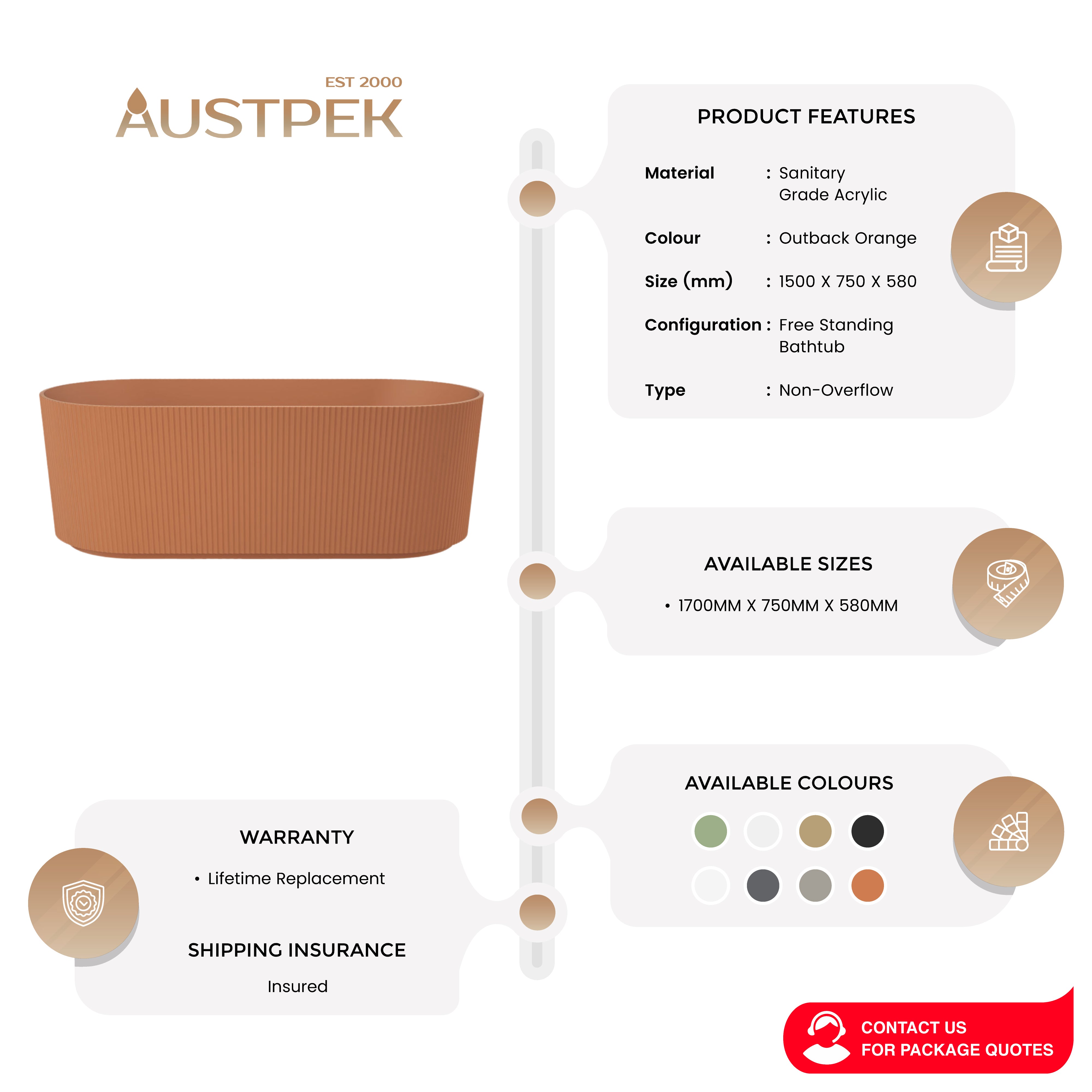 LINSOL CLEO FREESTANDING BATHTUB OUTBACK ORANGE (AVAILABLE IN 1500MM AND 1700MM)