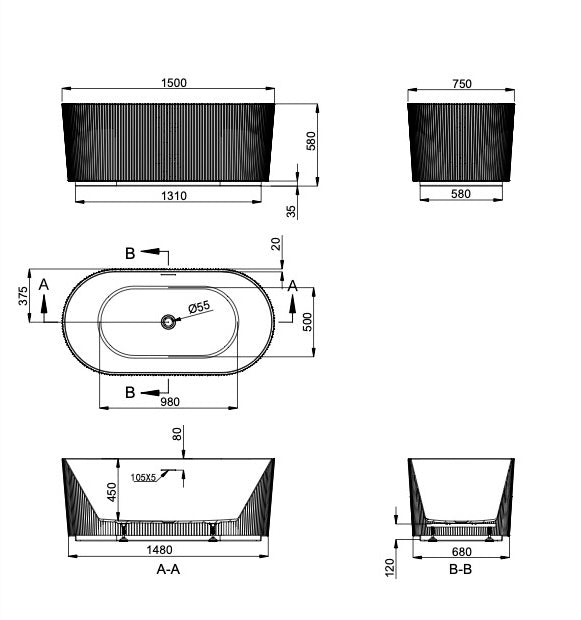 Linsol Cleo Freestanding Bath 1500mm line drawing