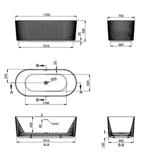 Linsol Cleo Freestanding Bath 1700mm line drawing
