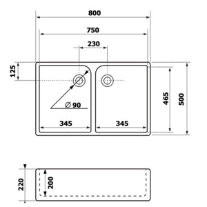CHAMBORD CLOTAIRE LARGE DOUBLE BOWL FIRECLAY KITCHEN SINK WHITE 800MM dimensions