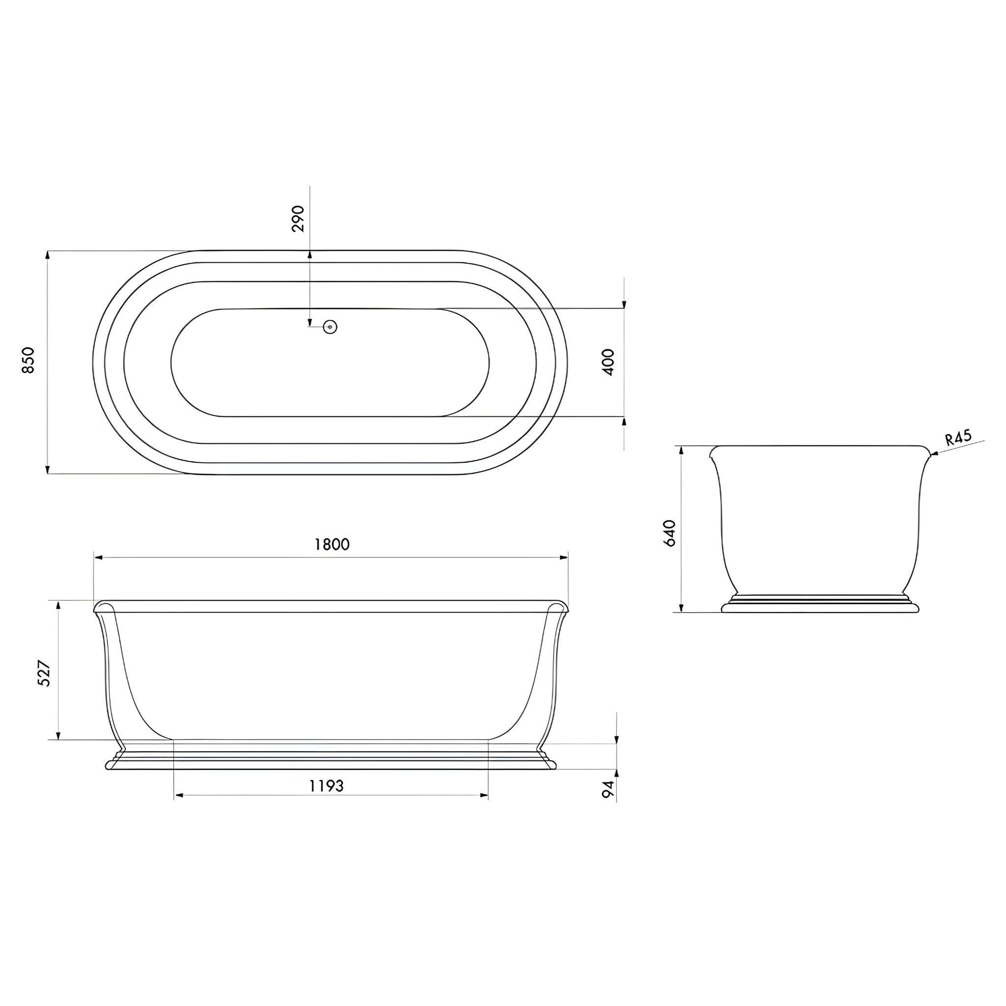 TURNER HASTINGS CAMDEN TITANCAST SOLID SURFACE FREESTANDING BATHTUB SATIN SILK WHITE WITH OVERFLOW 1800MM