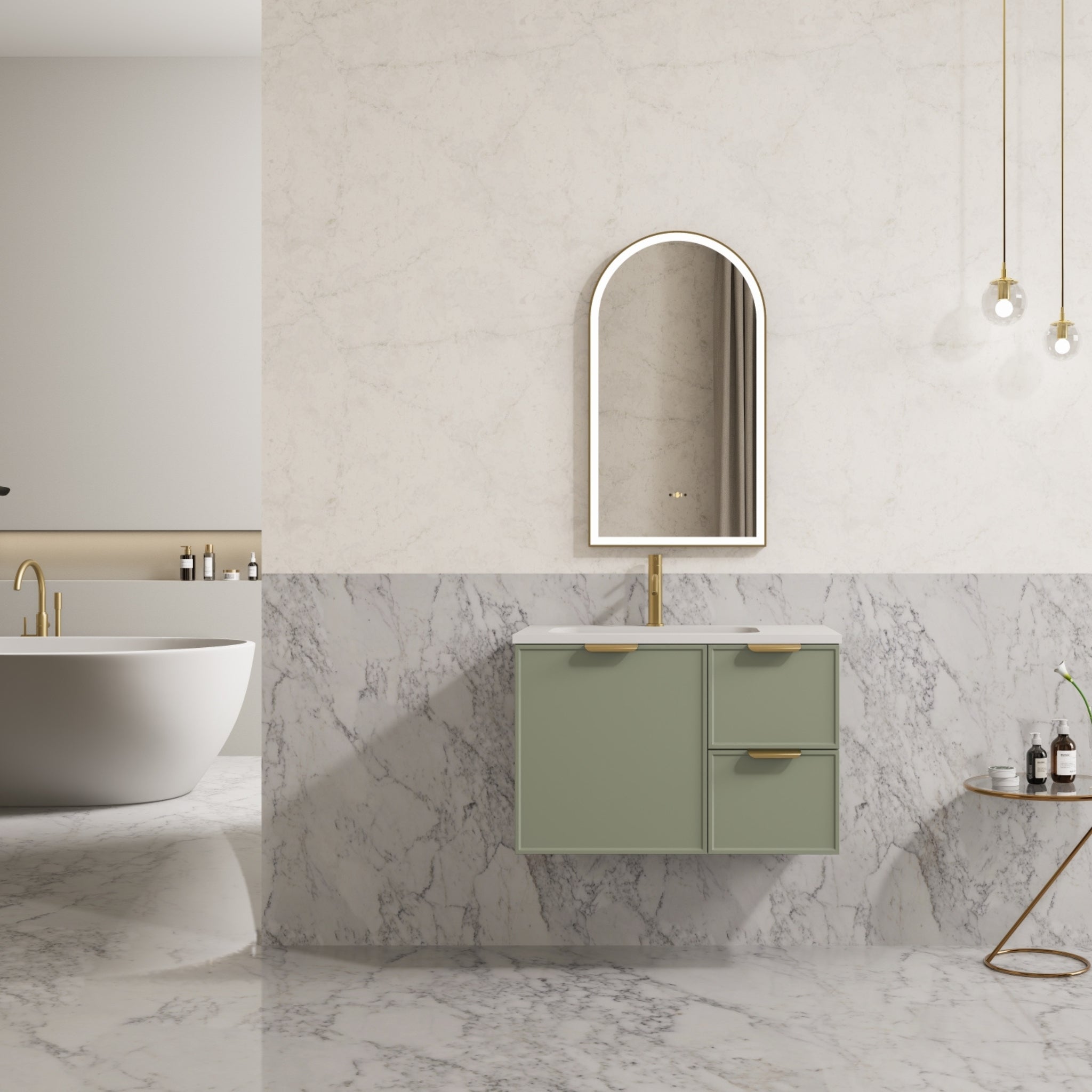 CETO MIAMI OLIVE GREEN 750MM SINGLE BOWL WALL HUNG VANITY (AVAILABLE IN LEFT AND RIGHT HAND DRAWER)