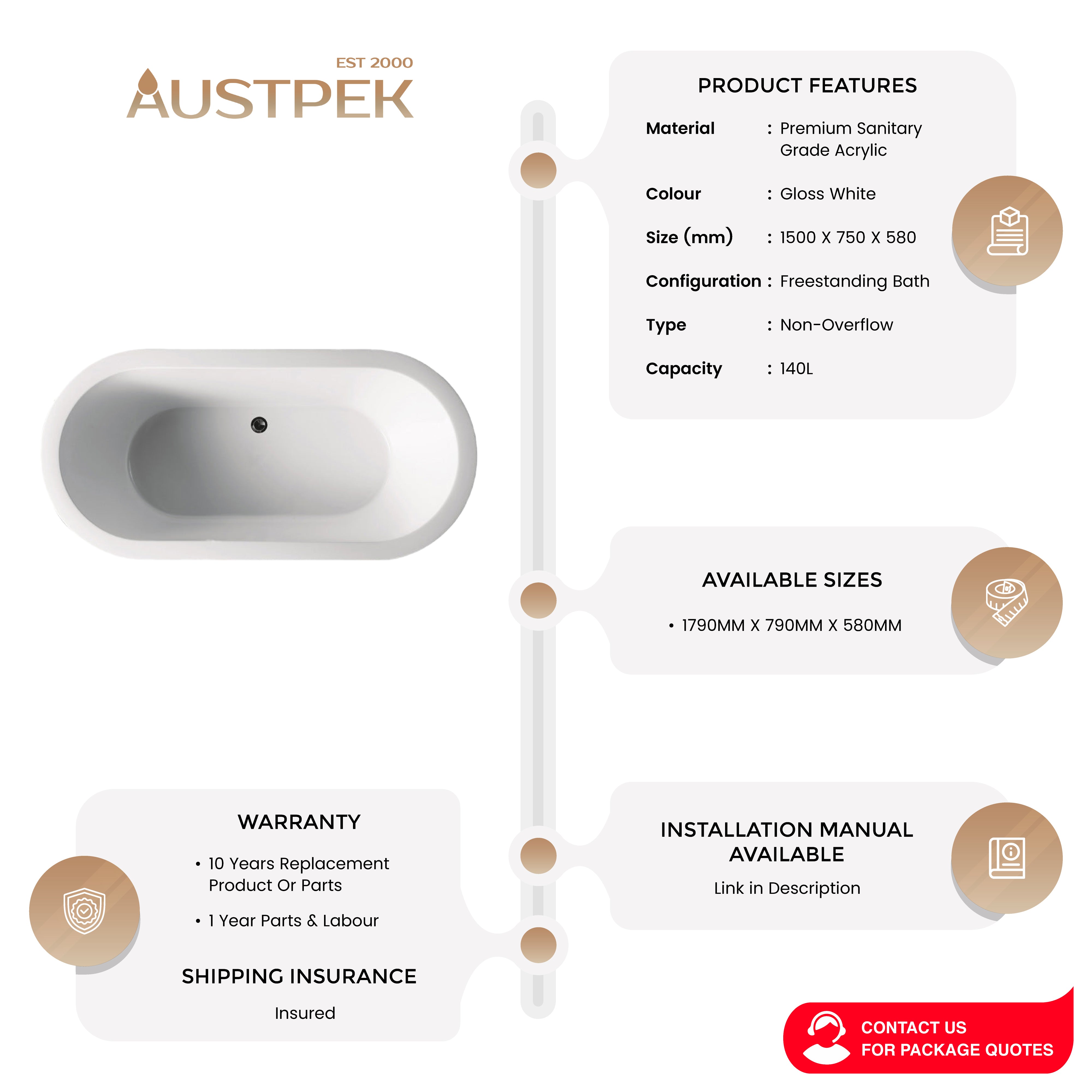 DECINA COOL FREESTANDING BATH GLOSS WHITE (AVAILABLE IN 1500MM AND 1790MM)