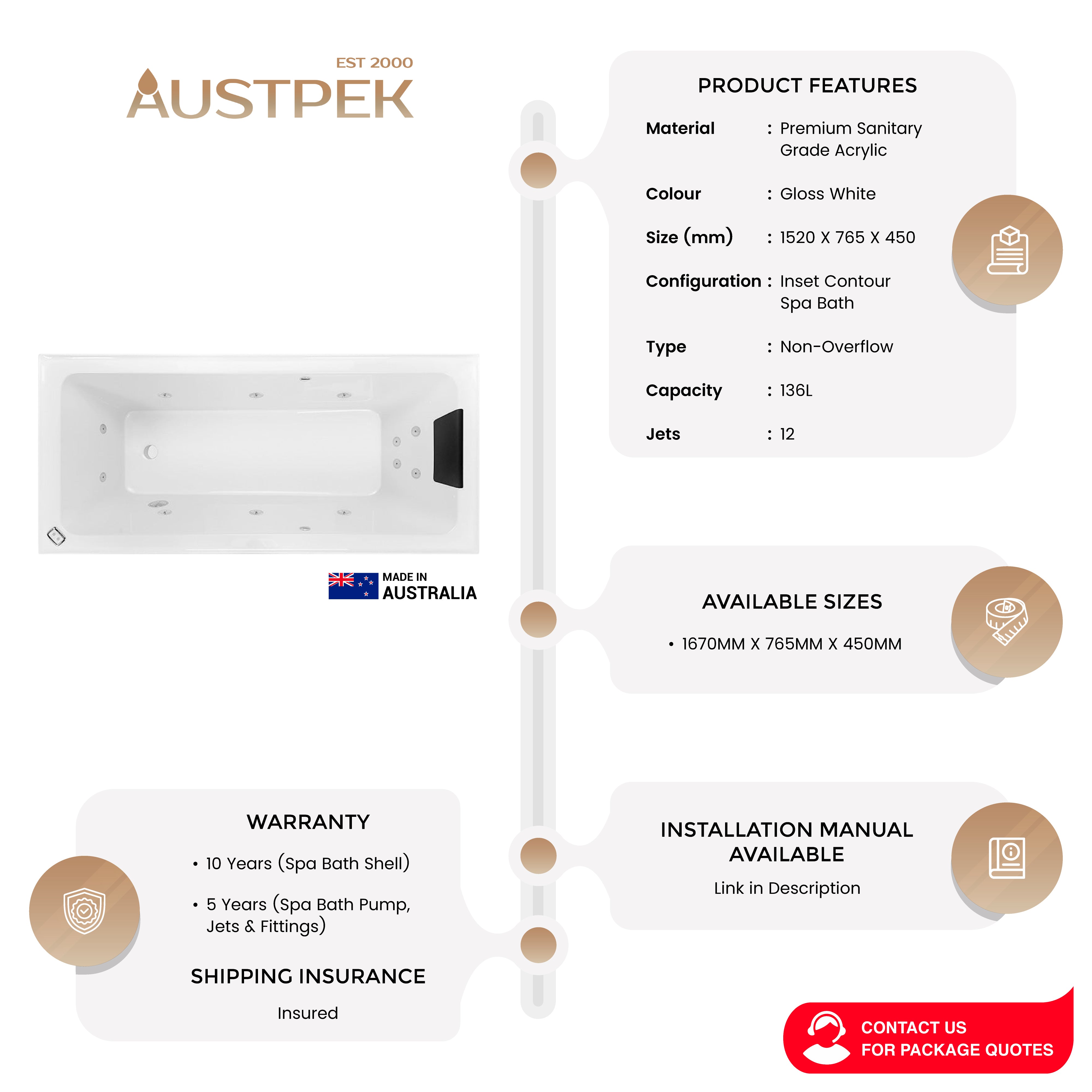 DECINA CORTEZ INSET CONTOUR SPA BATH GLOSS WHITE (AVAILABLE IN 1520MM AND 1670MM) WITH 12-JETS