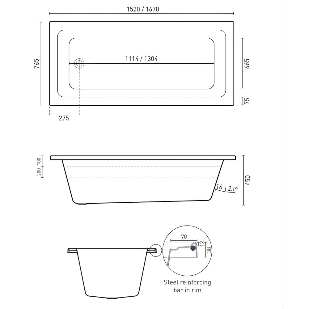 DECINA CORTEZ INSET BATH GLOSS WHITE (AVAILABLE IN 1520MM AND 1670MM)