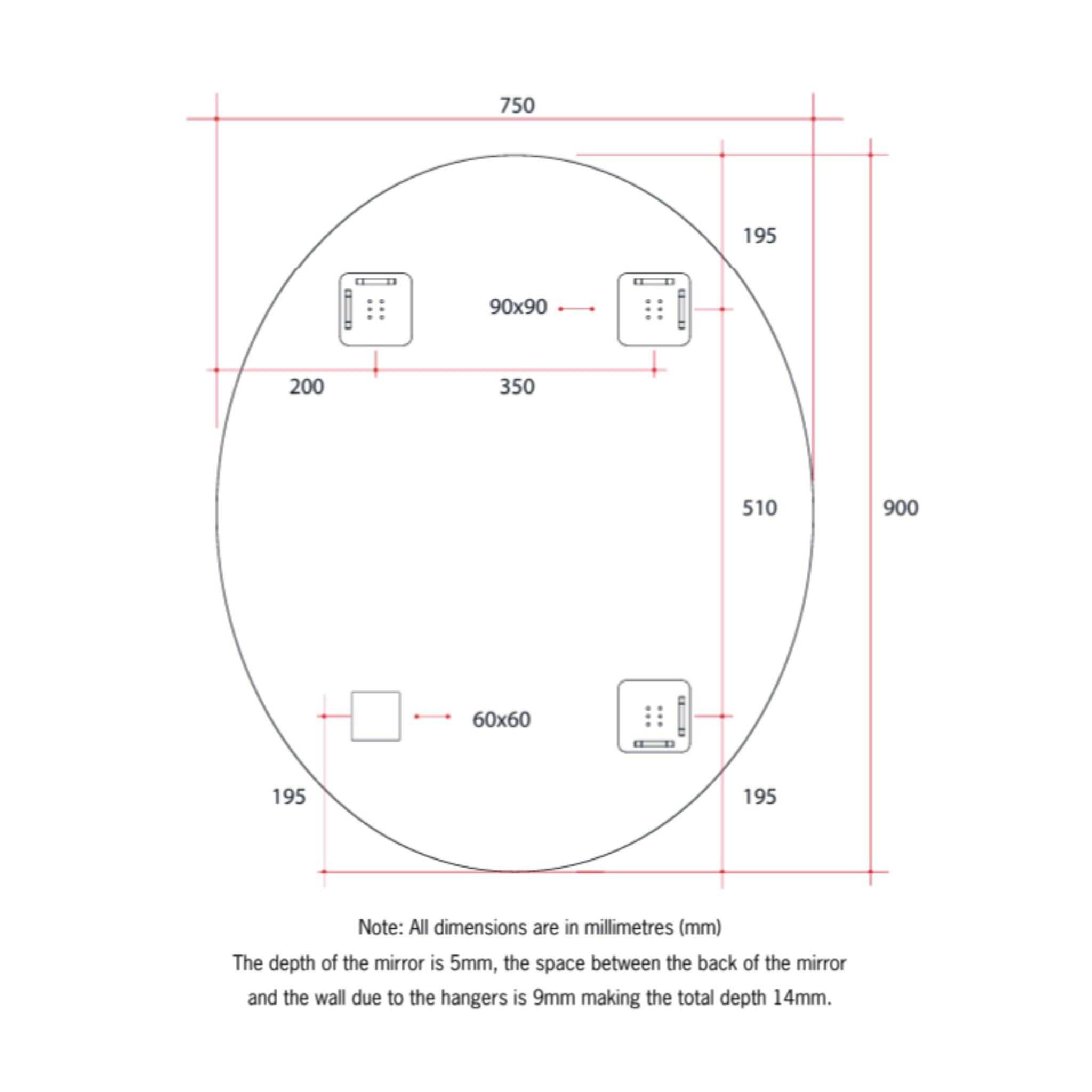 THERMOGROUP ABLAZE OVAL POLISHED EDGE MIRROR WITH DEMISTER 750X900MM