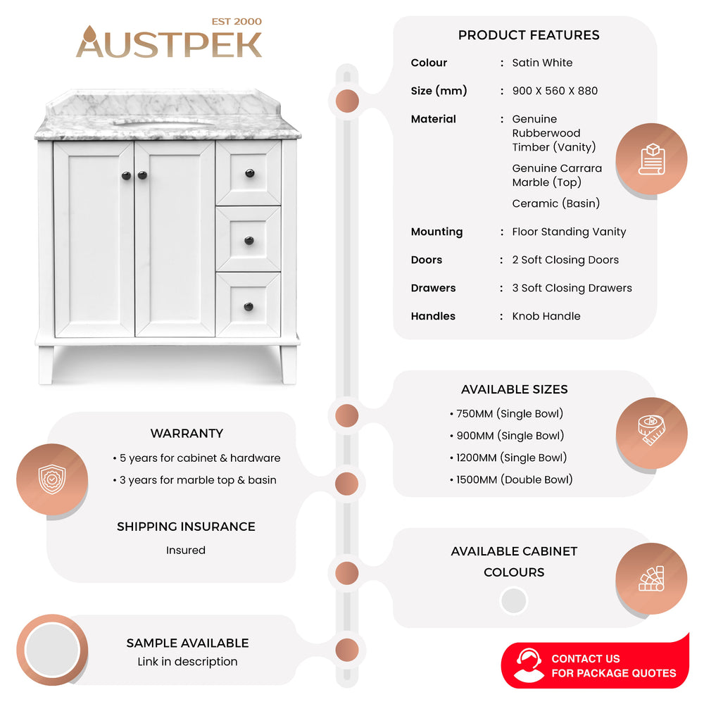 TURNER HASTINGS COVENTRY SATIN WHITE 900MM SINGLE BOWL FLOOR STANDING VANITY PACKAGE