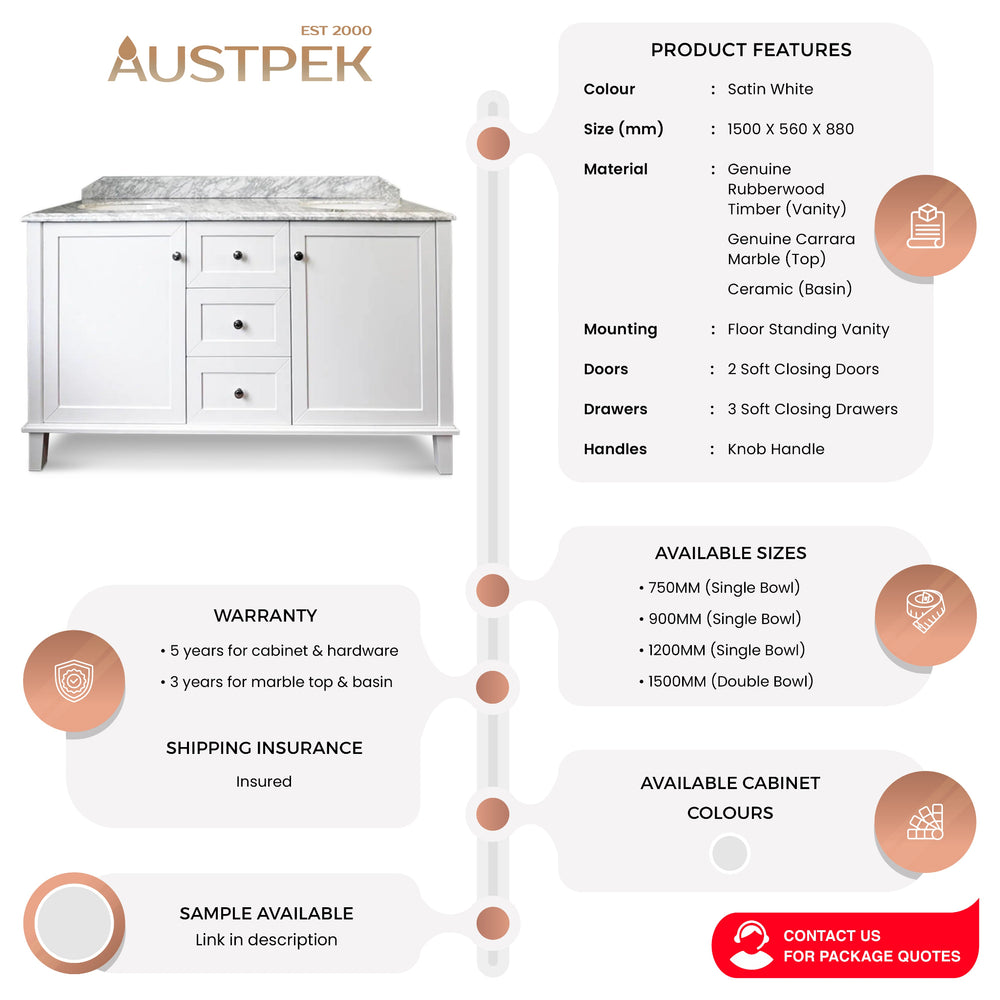 TURNER HASTINGS COVENTRY SATIN WHITE 1500MM DOUBLE BOWL FLOOR STANDING VANITY PACKAGE