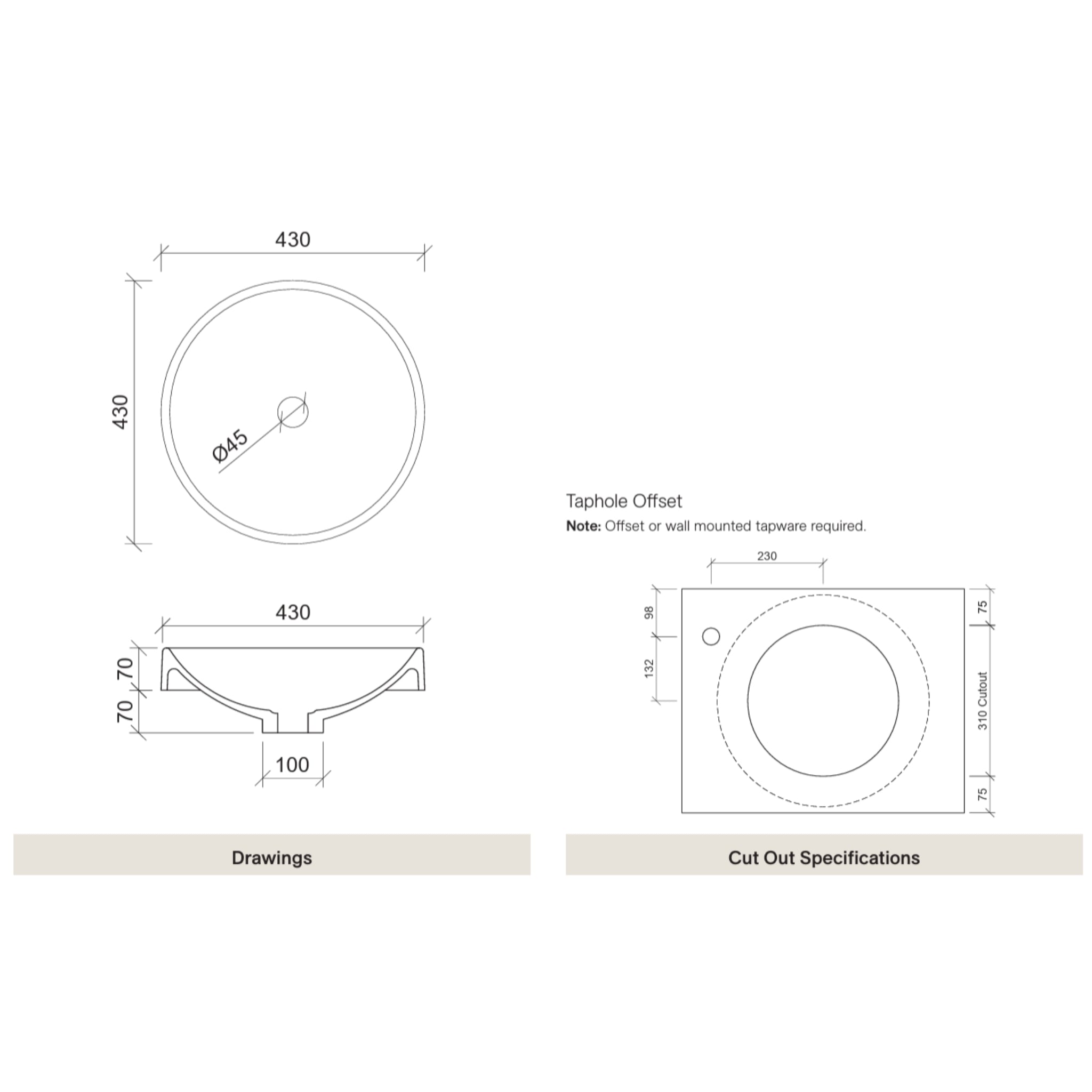TIMBERLINE CORRIDA ROUND INSET BASIN GLOSS WHITE 430MM