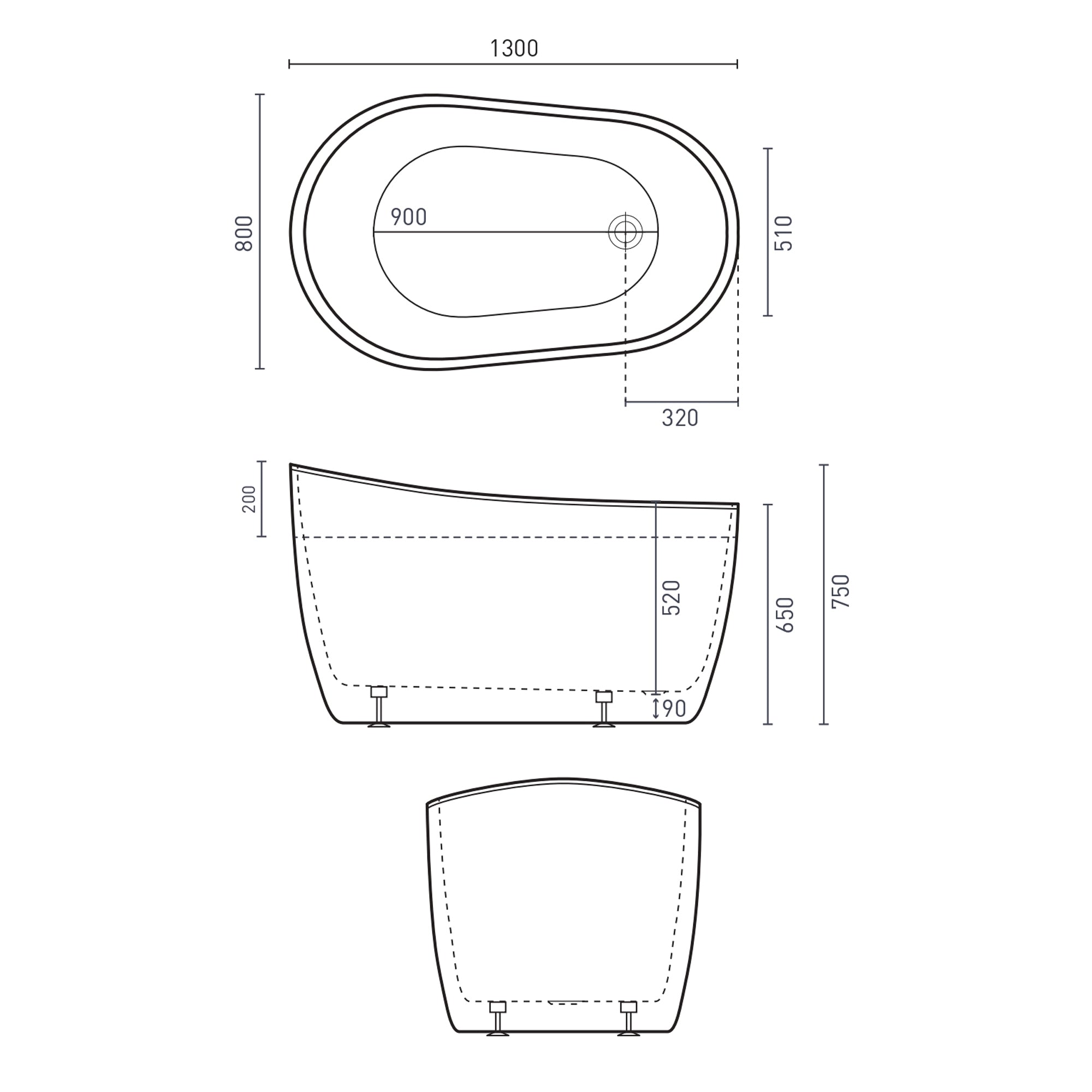 DECINA COSMO FREESTANDING BATH WITH INTEGRATED OVERFLOW GLOSS WHITE 1300MM
