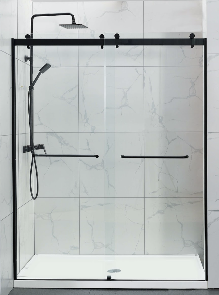 COVEY WALL TO WALL FRAMELESS DOUBLE SLIDING BY-PASS DOOR SHOWER SCREEN MATTE BLACK