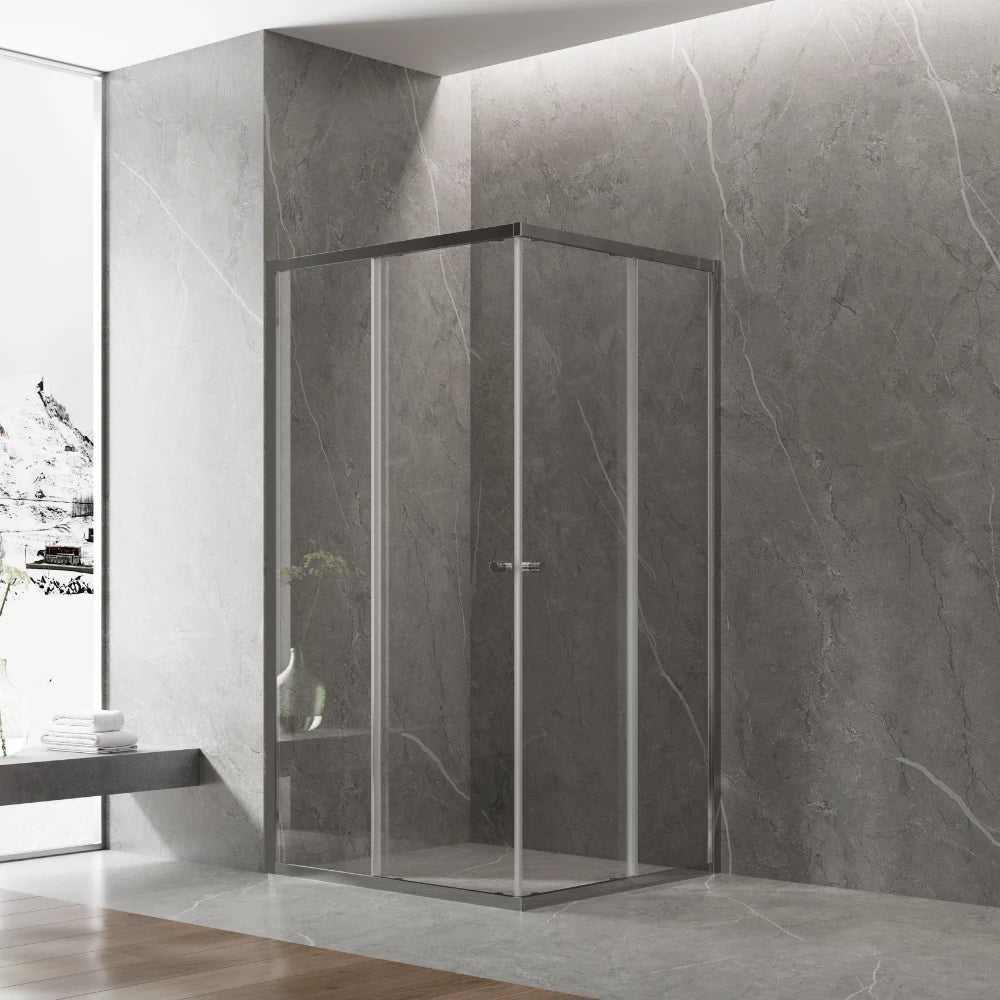 COVEY SEMI-FRAMELESS CORNER OPEN DOUBLE SLIDING DOOR SHOWER SCREEN GUN METAL