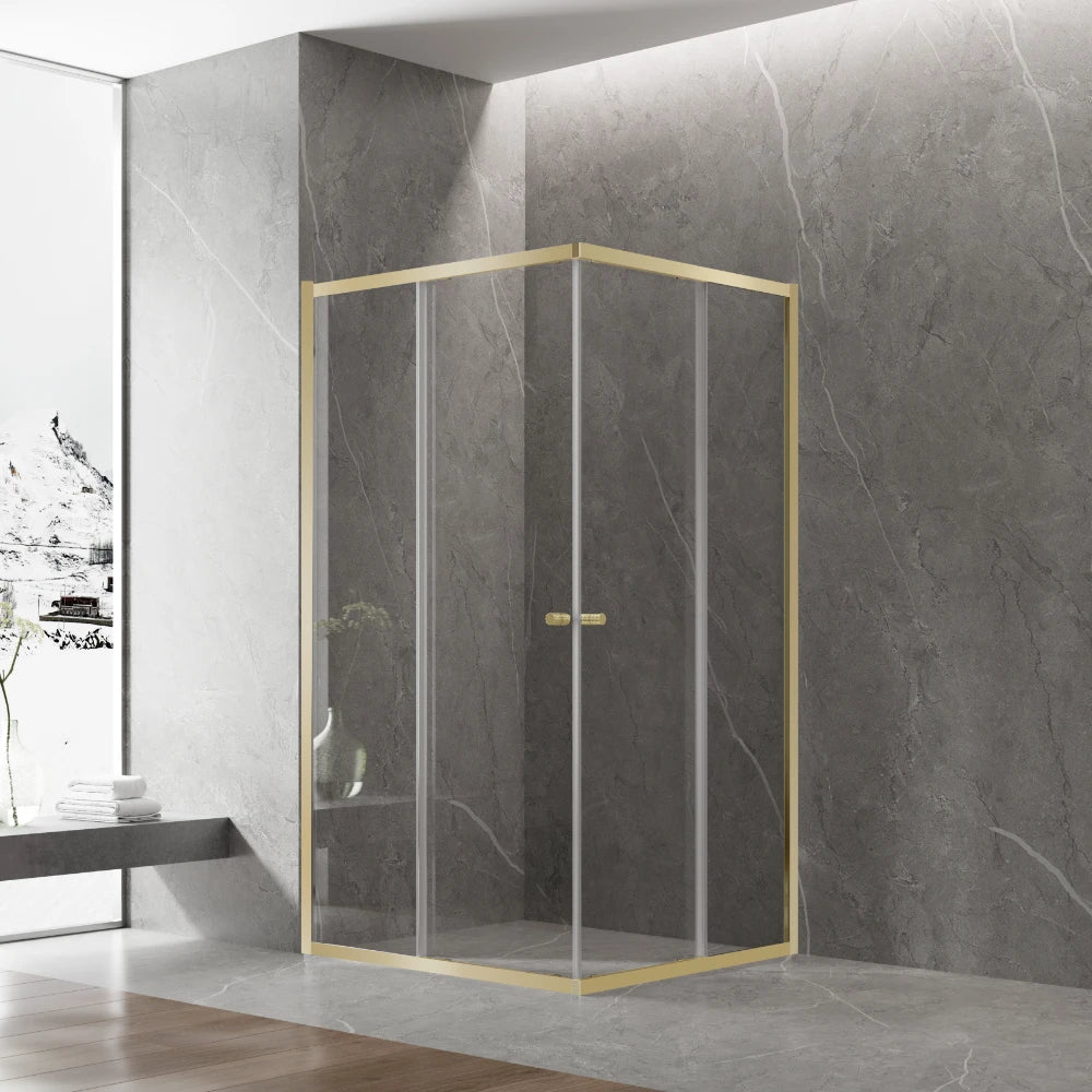 COVEY SEMI-FRAMELESS CORNER OPEN DOUBLE SLIDING DOOR SHOWER SCREEN LIGHT GOLD