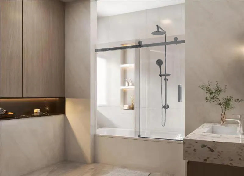 COVEY WALL TO WALL FRAMELESS SINGLE SLIDING DOOR BATH SCREEN BRUSHED NICKEL