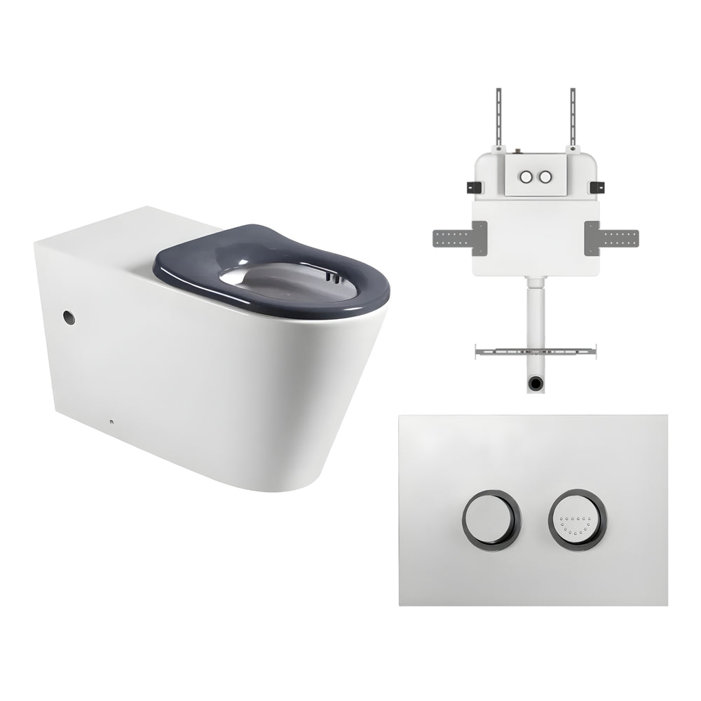 ZUMI CARA CARE WALL FACED FLOOR PAN WITH PNEUMATIC IN WALL CISTERN & PNEUMATIC IN WALL FLUSH PLATE PACKAGE GLOSS WHITE
