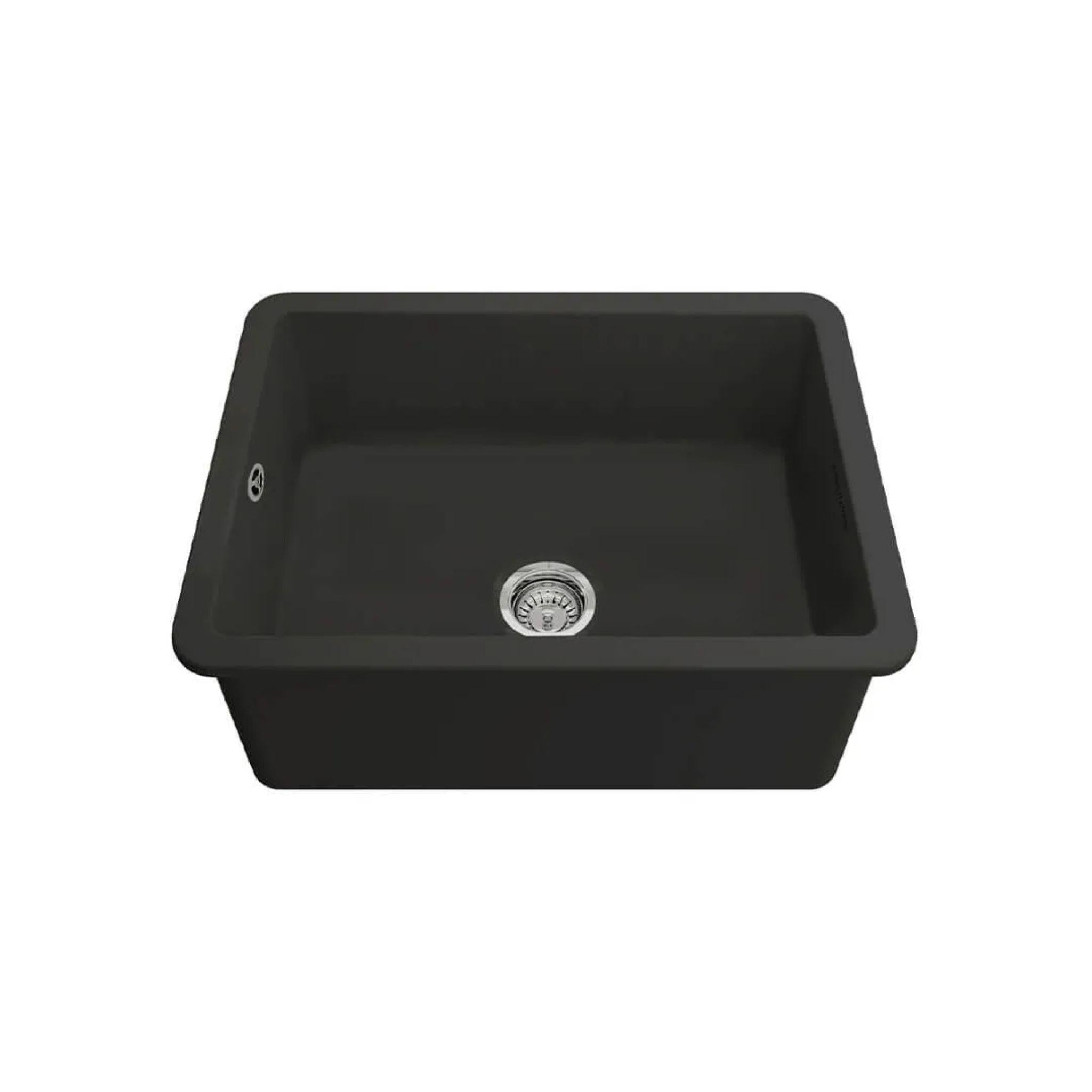 TURNER HASTINGS CUISINE INSET AND UNDERMOUNT FINE FIRECLAY SINGLE BOWL SINK WITH OVERFLOW MATTE BLACK 601MM