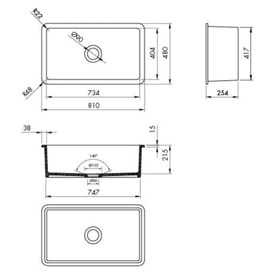 TURNER HASTINGS CUISINE INSET AND UNDERMOUNT FINE FIRECLAY SINK MATTE BLACK 810MM