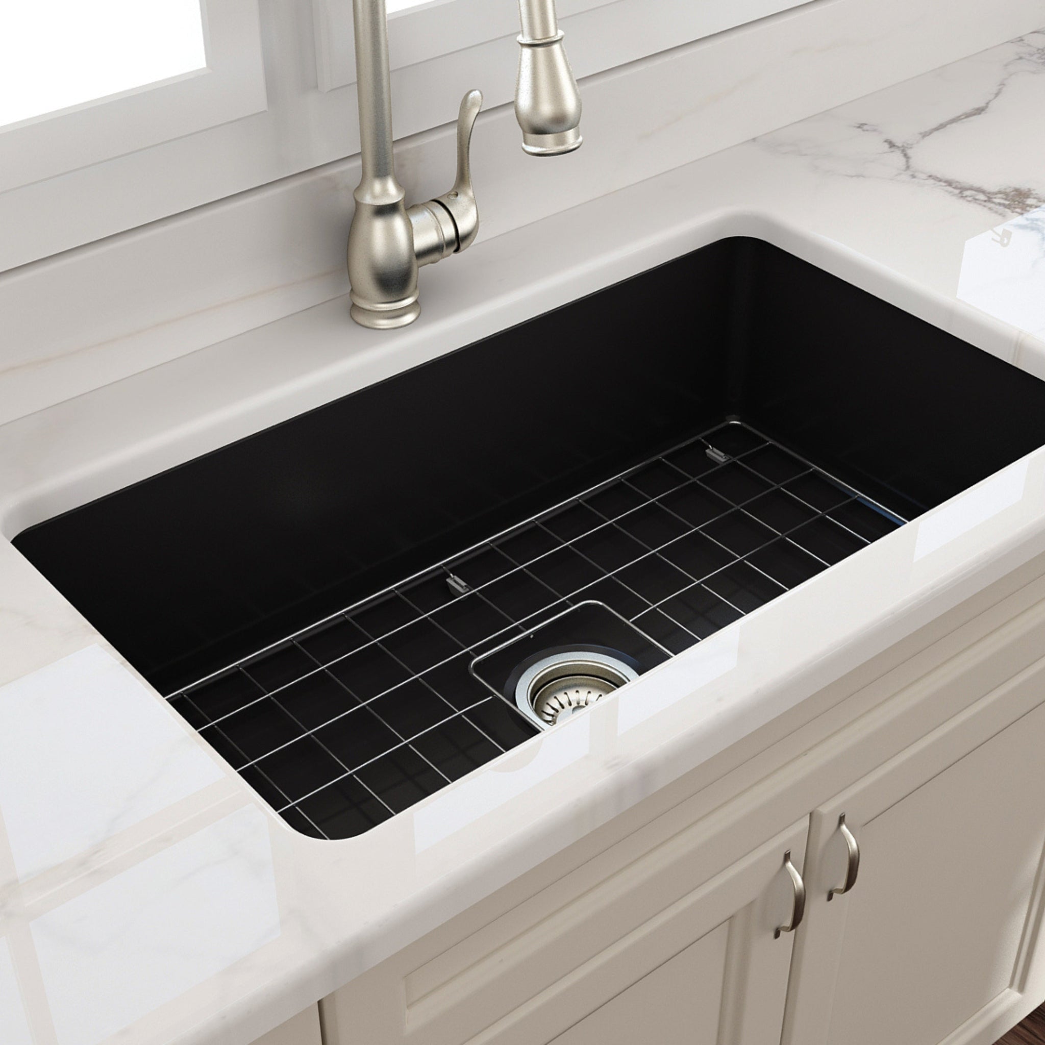 TURNER HASTINGS CUISINE INSET AND UNDERMOUNT FINE FIRECLAY SINK WITH OVERFLOW MATTE BLACK 810MM