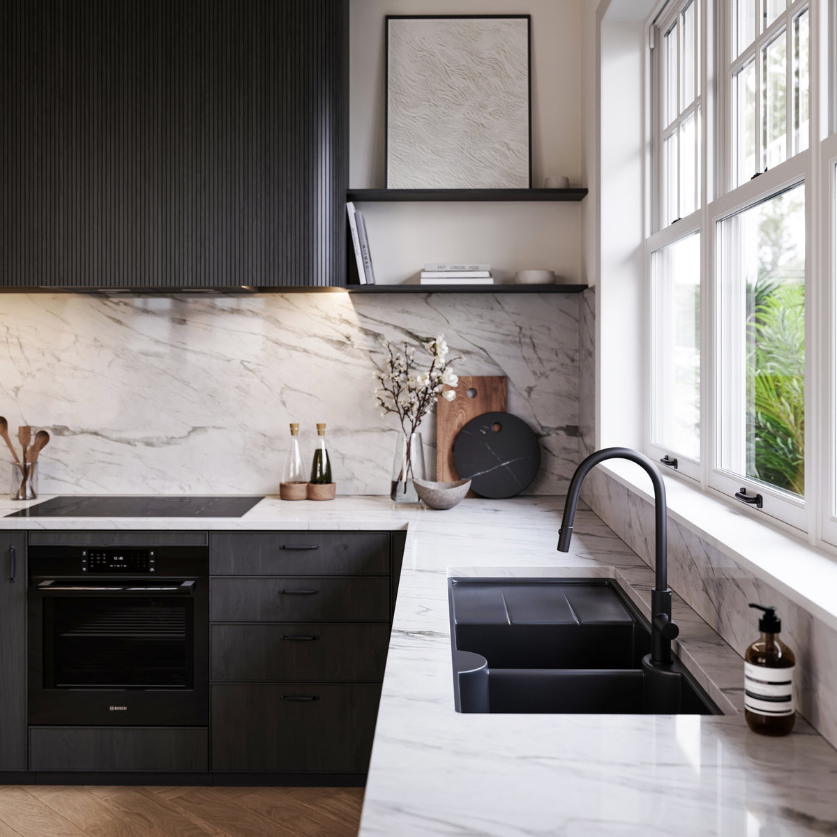 TURNER HASTINGS CUISINE INSET AND UNDERMOUNT FINE FIRECLAY DOUBLE BOWL SINK WITH TAPHOLE AND DRAINER MATTE BLACK 1160MM