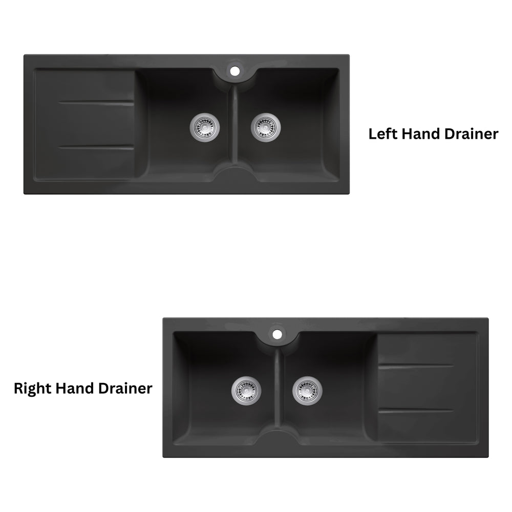 TURNER HASTINGS CUISINE INSET AND UNDERMOUNT FINE FIRECLAY DOUBLE BOWL SINK WITH TAPHOLE AND DRAINER MATTE BLACK 1160MM