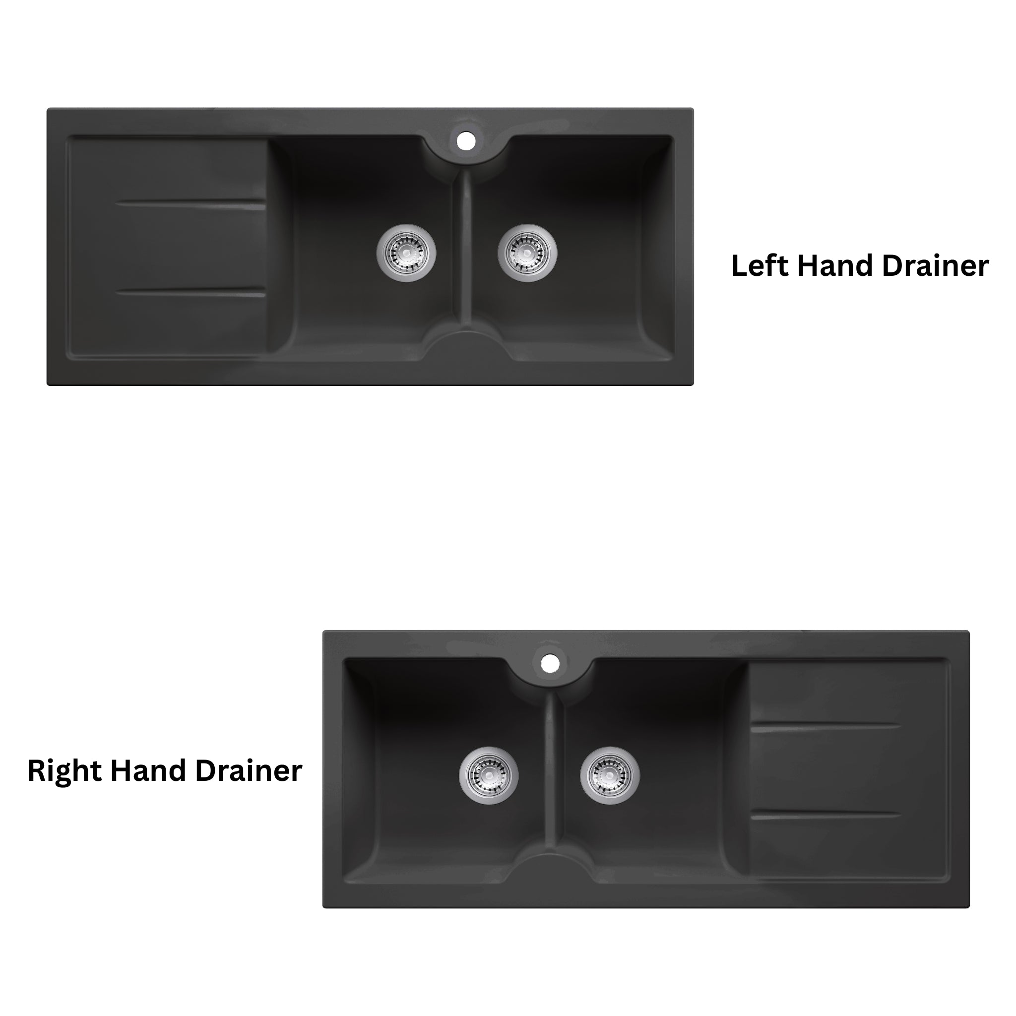TURNER HASTINGS CUISINE INSET AND UNDERMOUNT FINE FIRECLAY DOUBLE BOWL SINK WITH TAPHOLE AND DRAINER MATTE BLACK 1160MM