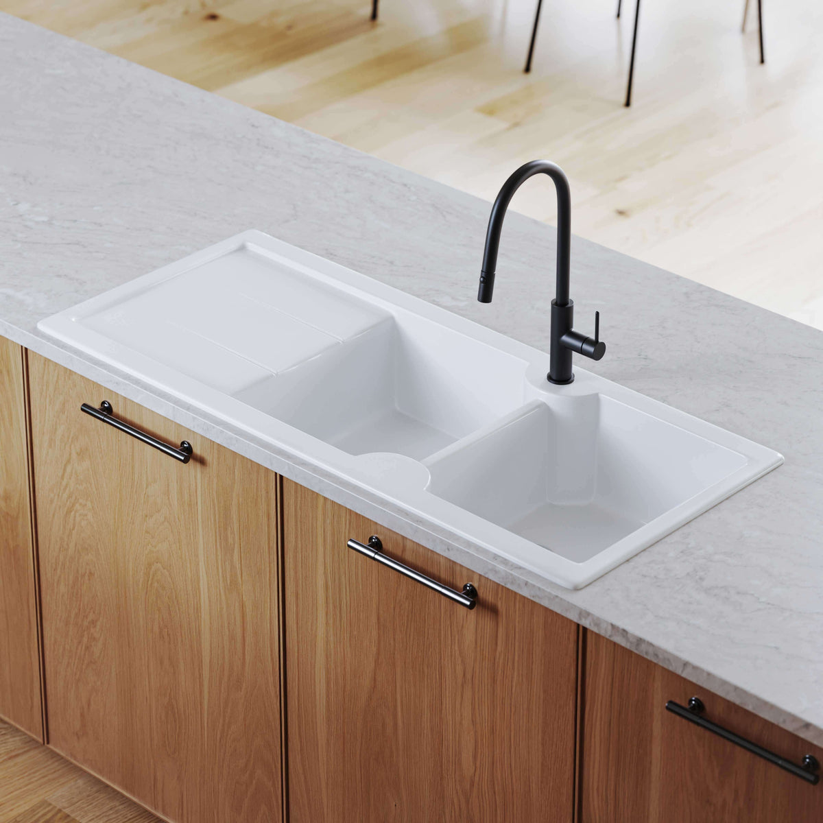 TURNER HASTINGS CUISINE INSET AND UNDERMOUNT FINE FIRECLAY SINK WITH DRAINER GLOSS WHITE 1160MM
