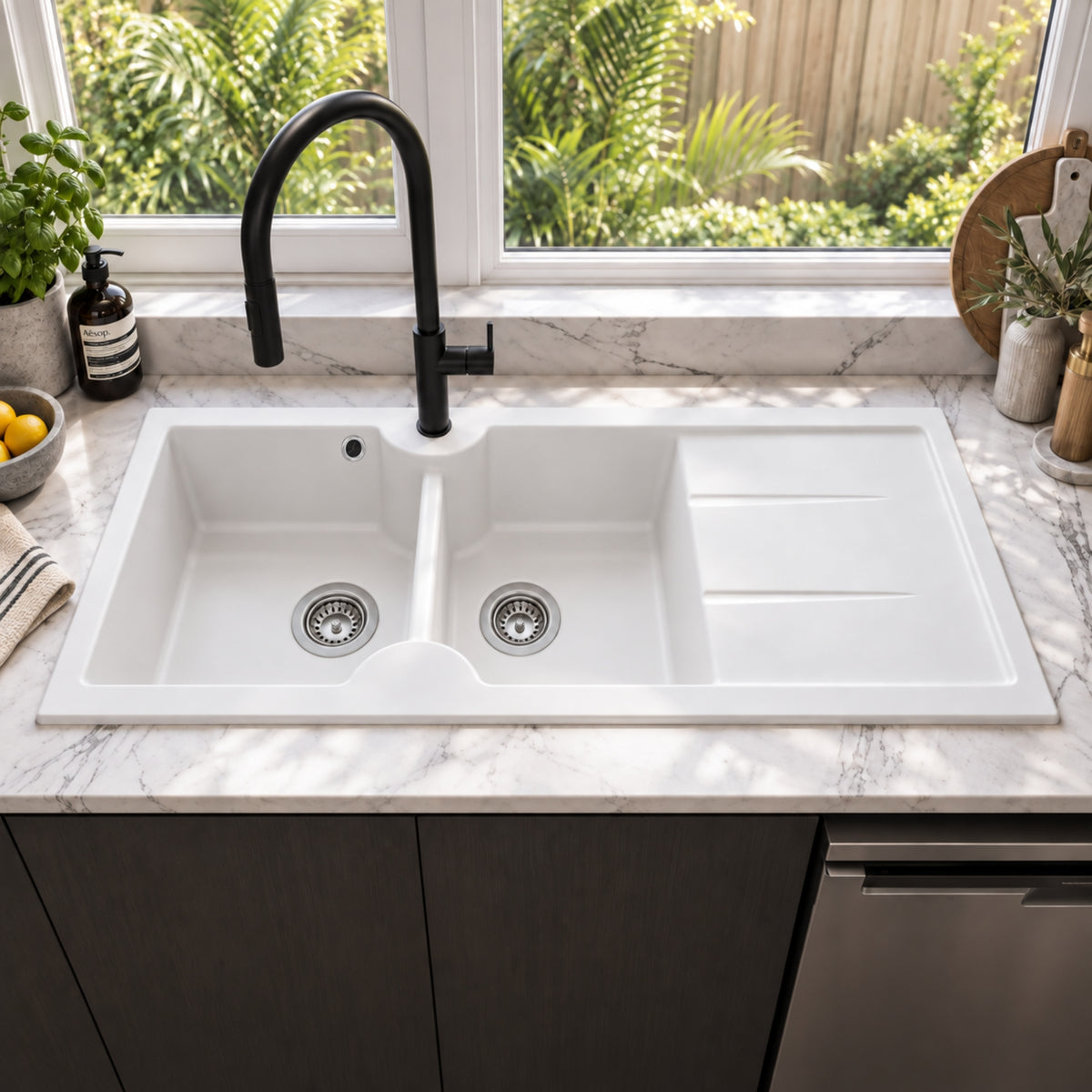 TURNER HASTINGS CUISINE INSET AND UNDERMOUNT FINE FIRECLAY DOUBLE BOWL SINK WITH OVERFLOW, TAPHOLE AND DRAINER GLOSS WHITE 1160MM