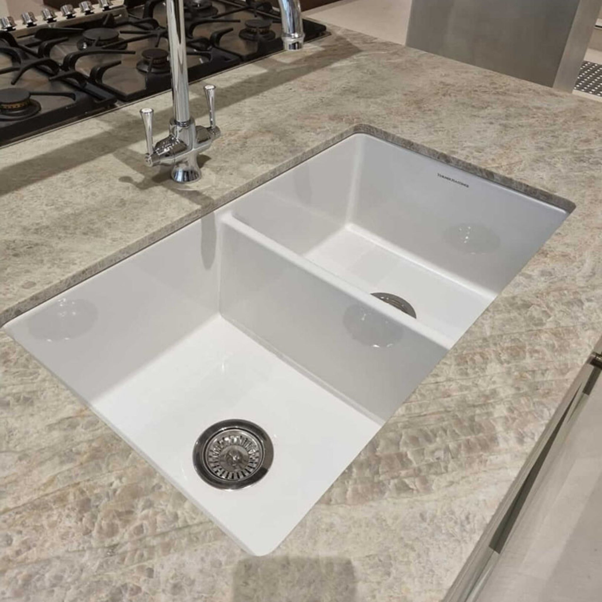 TURNER HASTINGS CUISINE DOUBLE INSET AND UNDERMOUNT FINE FIRECLAY SINK GLOSS WHITE 850MM