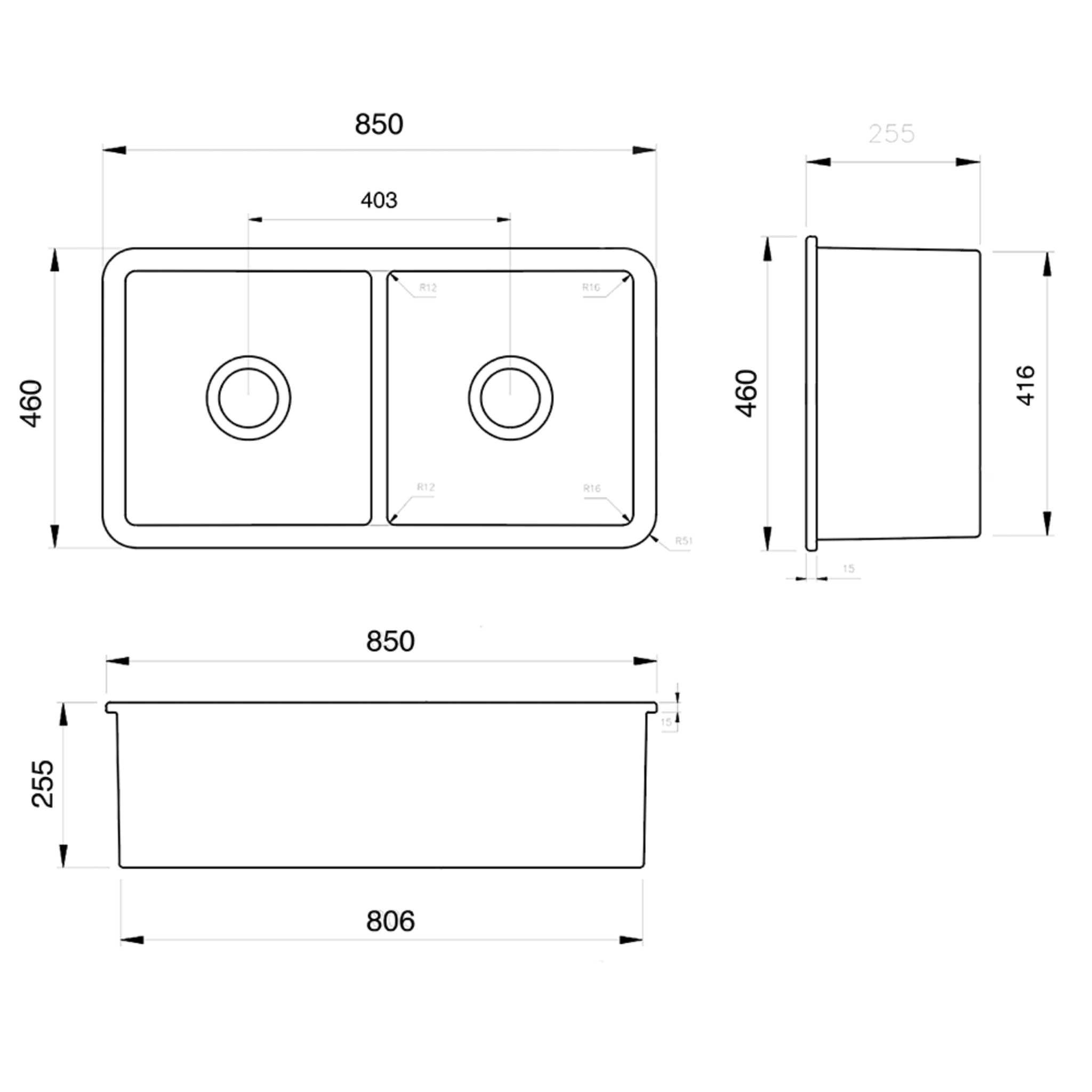 TURNER HASTINGS CUISINE DOUBLE INSET AND UNDERMOUNT FINE FIRECLAY SINK MATTE BLACK 850MM