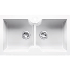 TURNER HASTINGS CUISINE INSET AND UNDERMOUNT FINE FIRECLAY DOUBLE BOWL SINK WITH TAPHOLE GLOSS WHITE 860MM