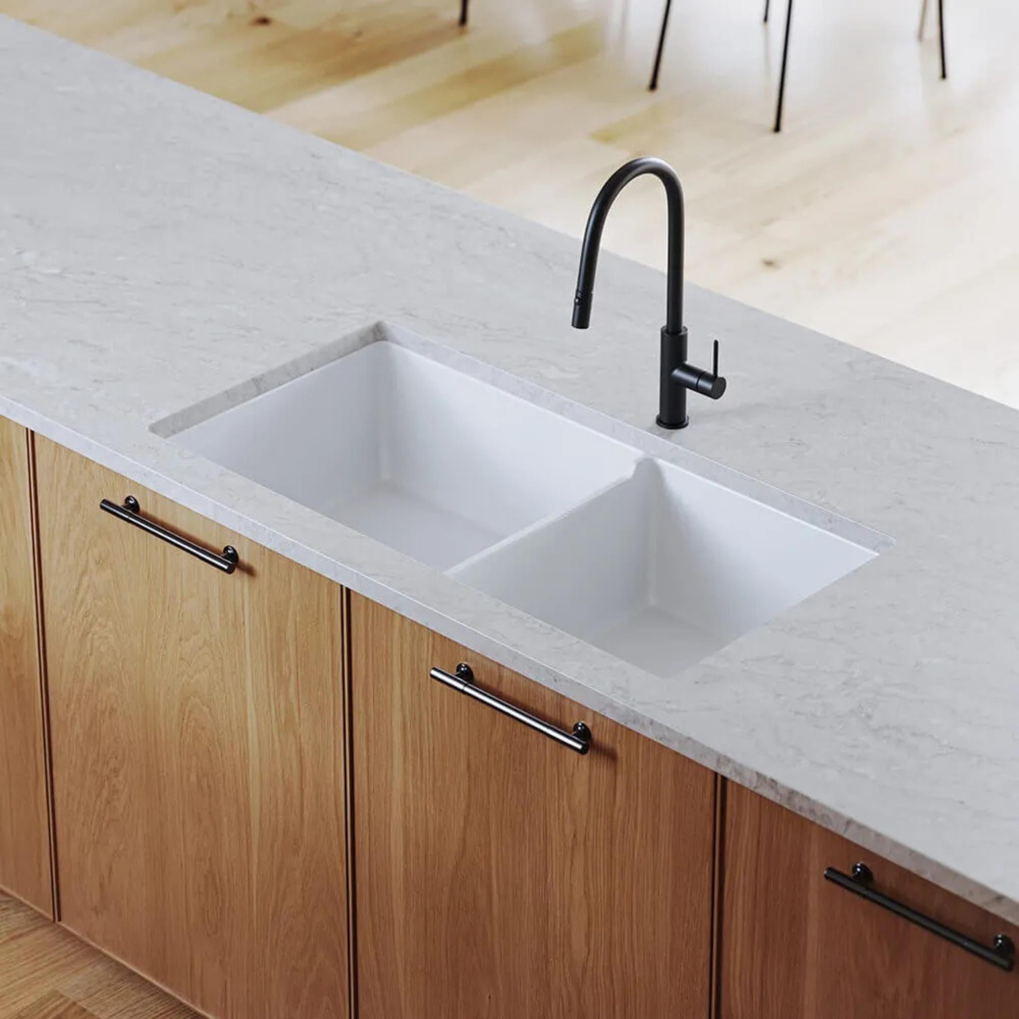 TURNER HASTINGS CUISINE INSET AND UNDERMOUNT FINE FIRECLAY DOUBLE BOWL SINK WITH OVERFLOW MATTE WHITE 940MM